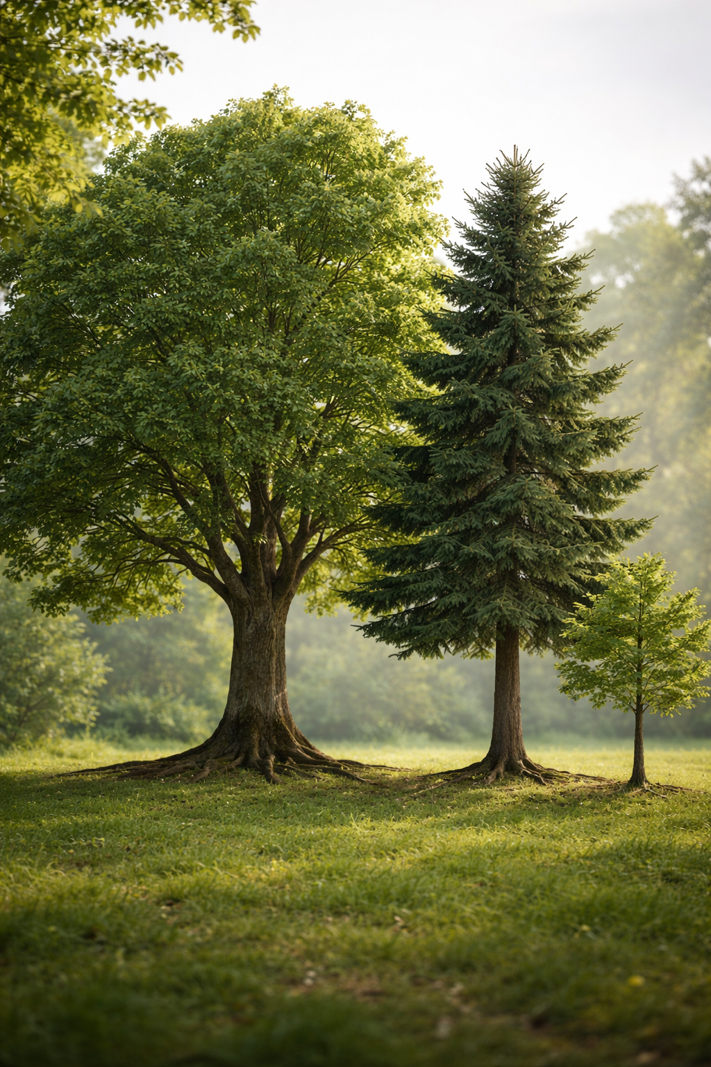 A large leafy tree and a smaller evergreen tree standing side by side on a grassy field with a blurred background of other trees and bright, clear sky.