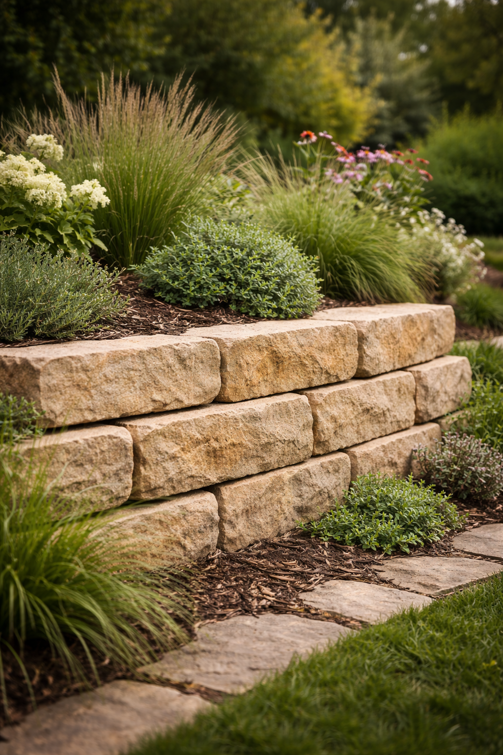 A landscaped garden with a stone retaining wall and various green plants and flowers.