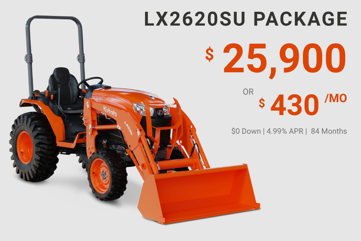 Orange Kubota LX2620SU compact utility tractor with front loader attachment on a light gray background, promotional pricing details.