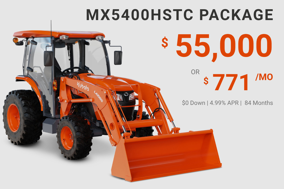 Advertisement for the MX5400HSTC package featuring an orange Kubota tractor with a front loader attachment, showing the price of $55,000 or $771 per month, with financing details at the bottom.
