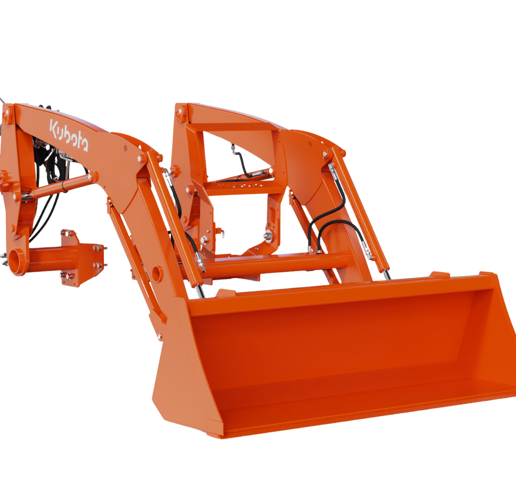 Orange Kubota front loader attachment with hydraulic cylinders and bucket.