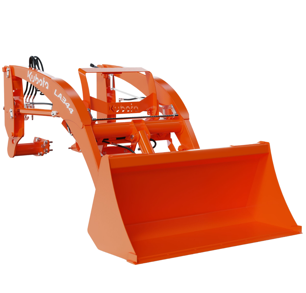 Orange Kubota front loader attachment for a tractor with hydraulic hoses.