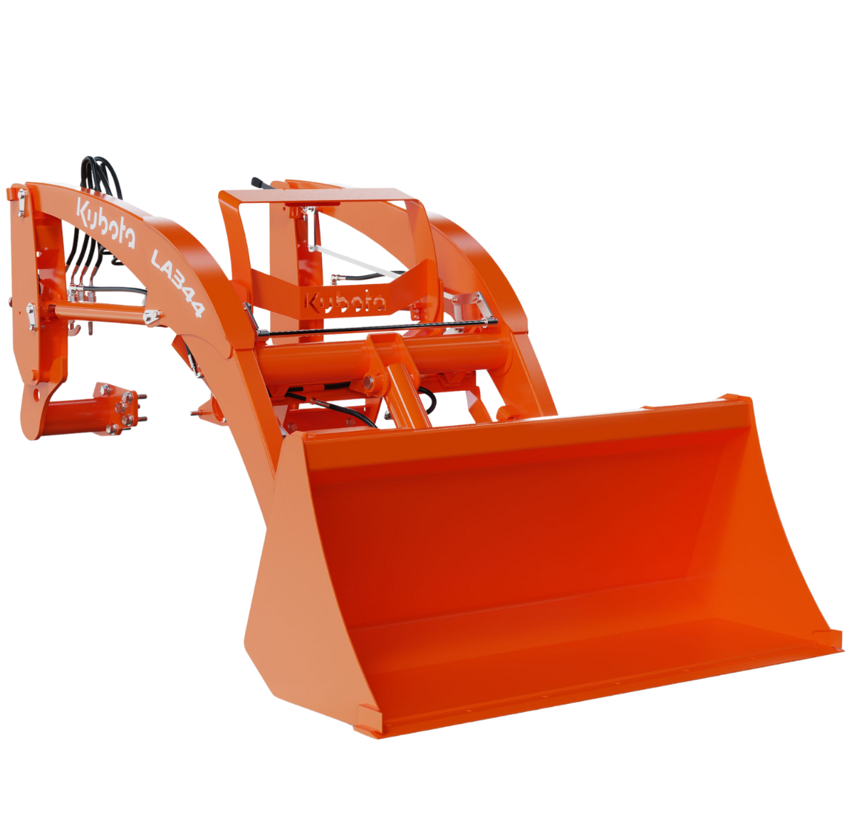 Orange Kubota LA344 front-end loader attachment for a tractor.