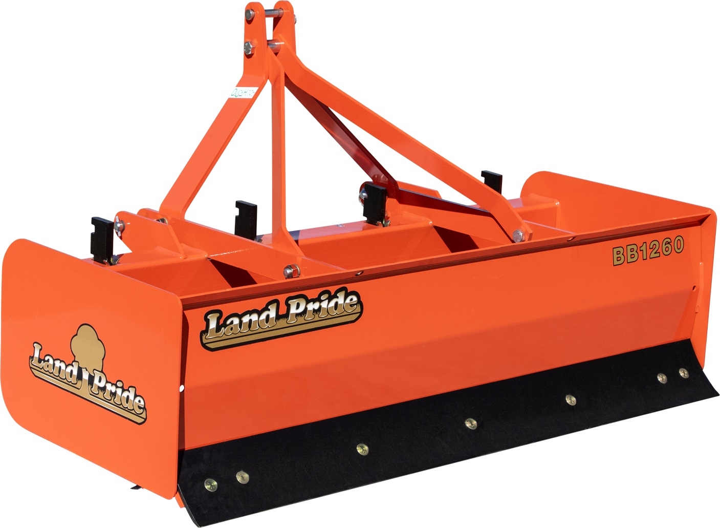 Orange Land Pride BB1260 rotary tiller for agricultural use, with black protective guard at the bottom and brand labels on the sides.