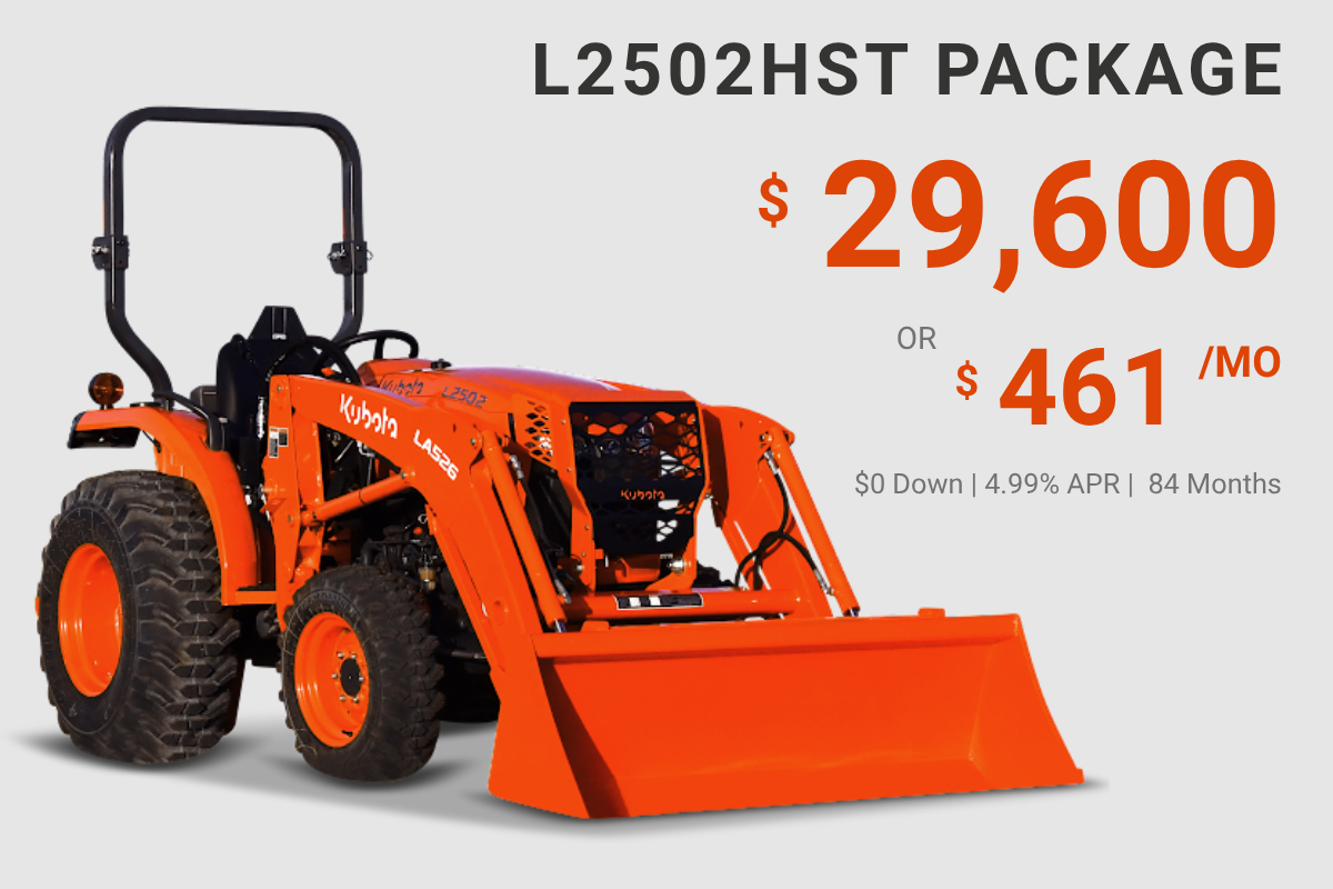 Orange Kubota L2502HST tractor with front loader attachment, advertisement showing price of $29,600 or $461 per month, with financing options and terms.