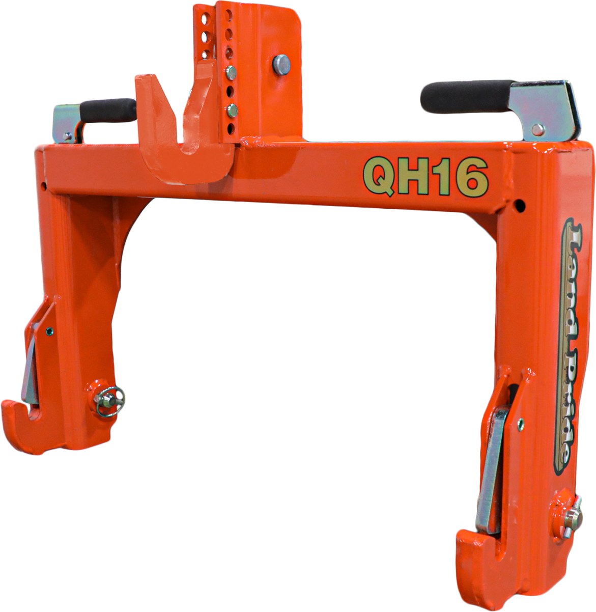 Orange hydraulic lift or support frame with markings 'QH16' and 'Safeguard'.