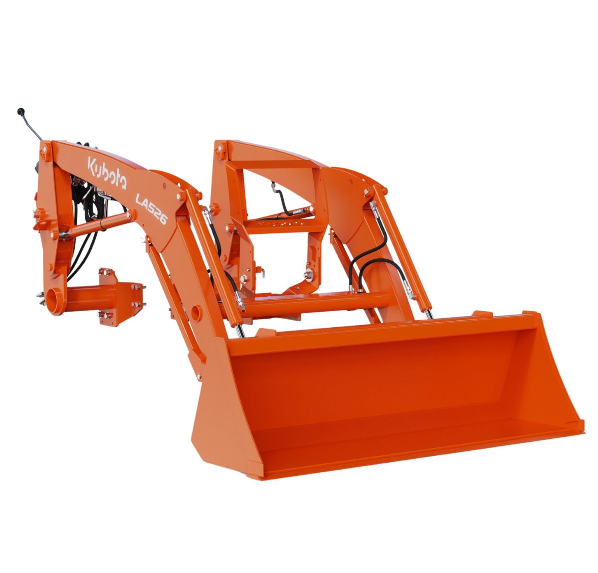 Orange compact loader attachment with a large bucket, branded Kubota, model L4626, with hydraulic pistons and mechanical components.