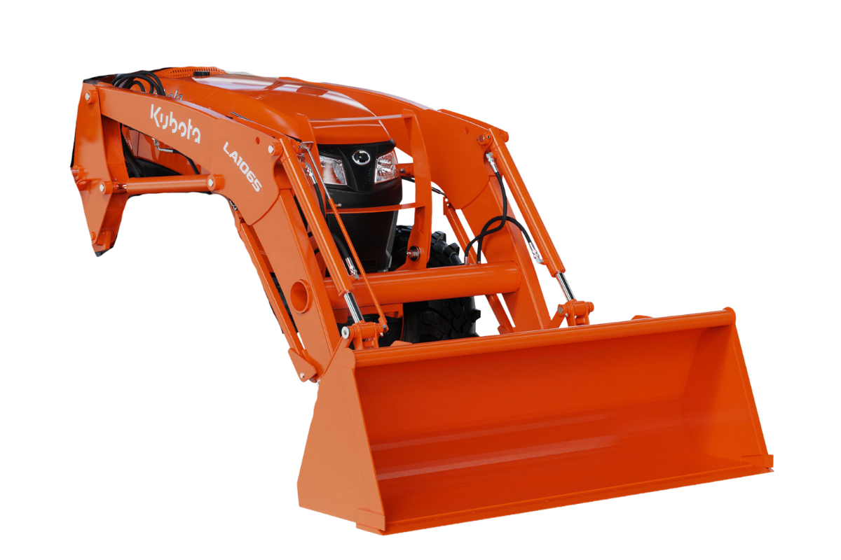 Orange compact front loader with a scoop attachment, branded Kubota, against a plain background.