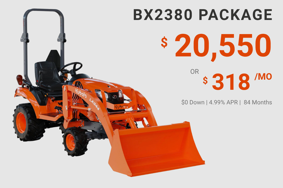 Orange Kubota BX2380 compact utility tractor with front loader attachment on a promotional advertisement.