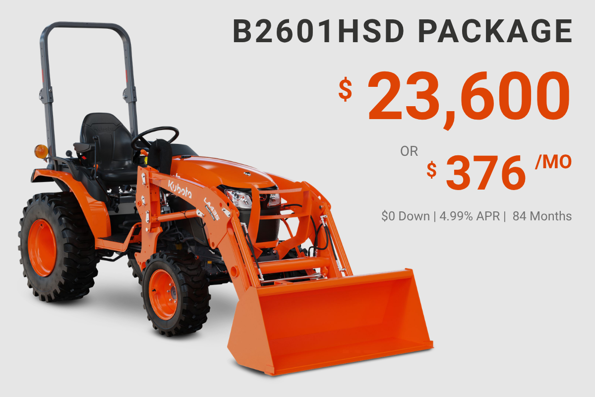 Orange Kubota tractor with front loader attachment on sale for $23,600 or $376 per month, with financing details listed.