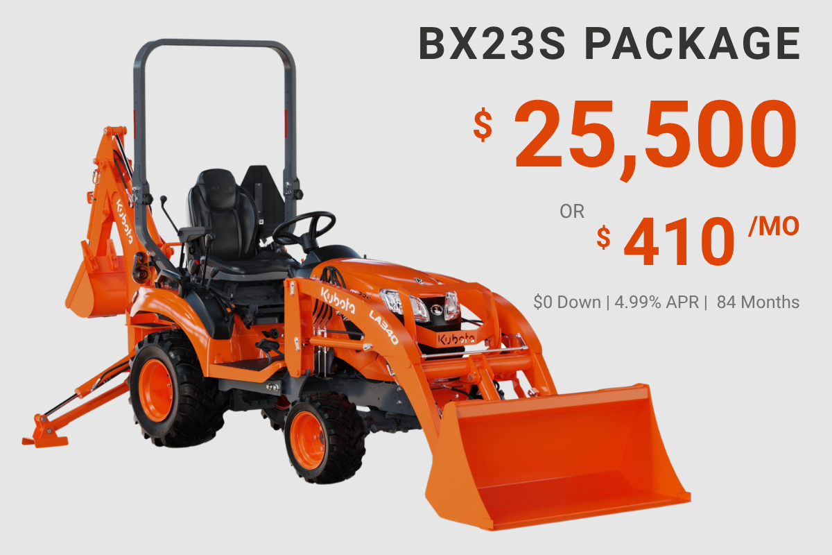 Orange Kubota BX23S compact utility tractor with front loader attachment and enclosed operator seat, advertising a package deal for $25,500 or $410 per month, with financing details.