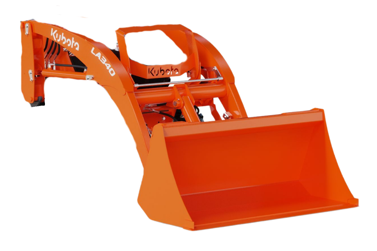 Orange Kubota LA340 front loader attachment for a tractor.