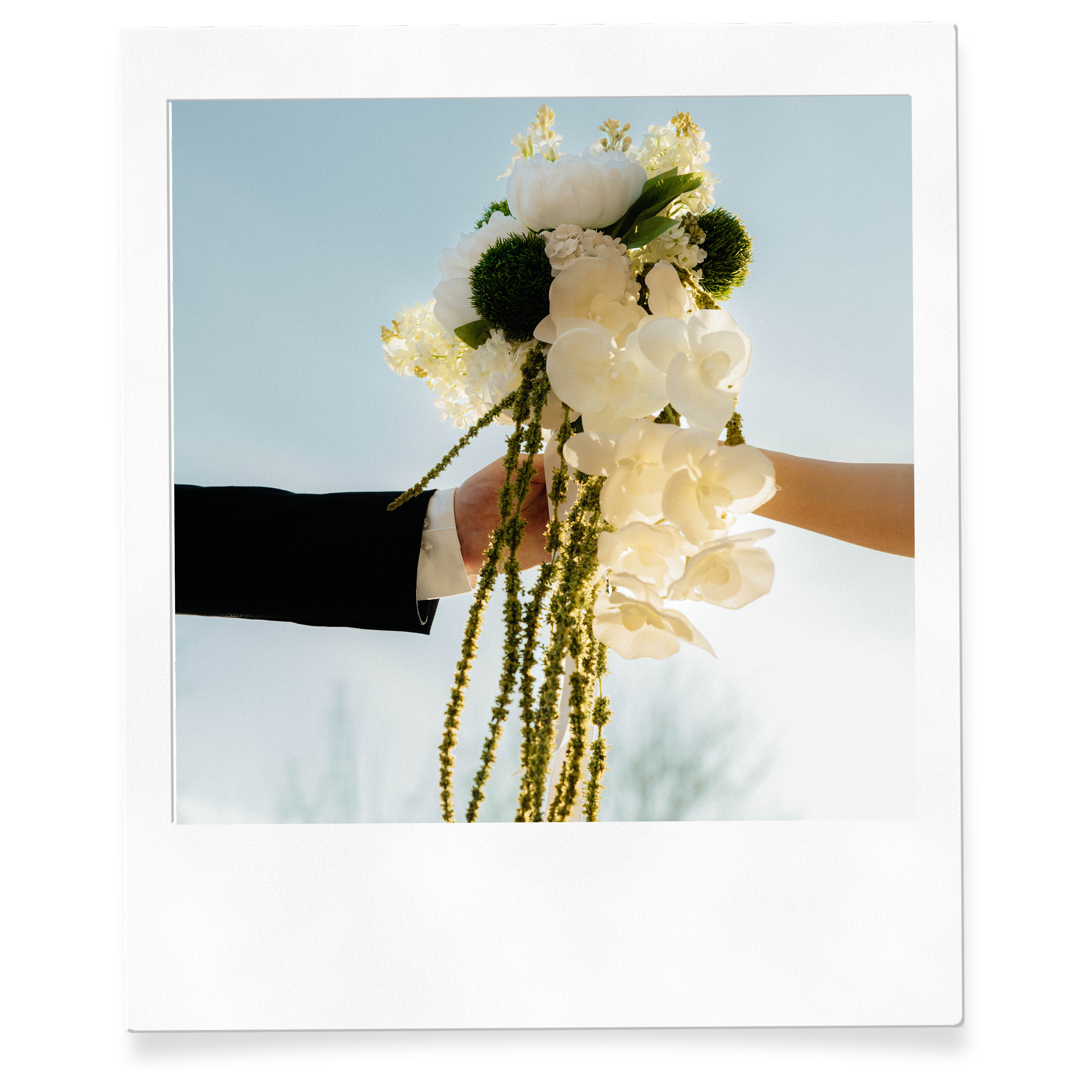 A person holding a cascading bouquet of white flowers, including peonies, orchids and green foliage, against a bright blue sky.