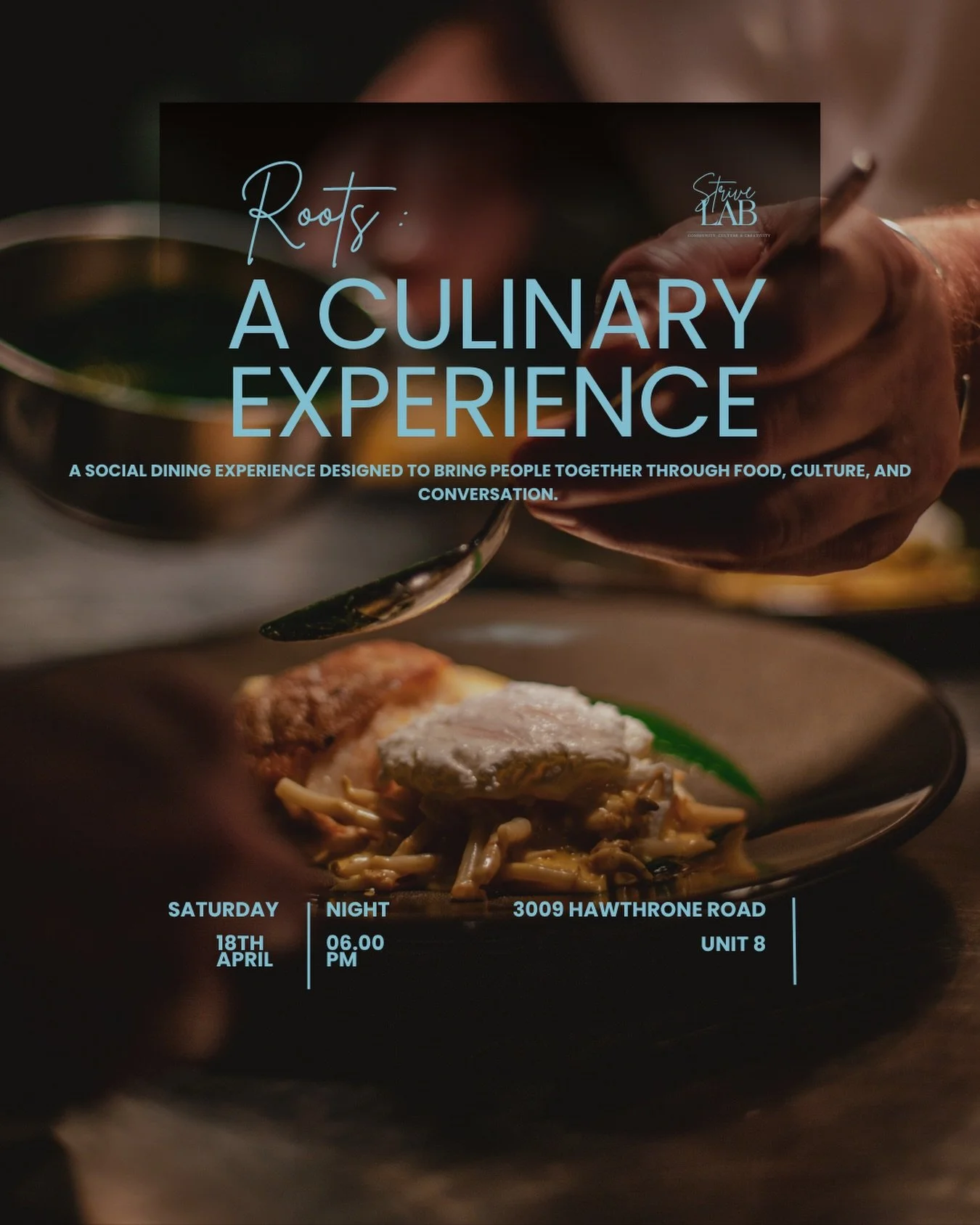 Strive Lab presents Roots: An Afro-fusion culinary experience. This is event is the second and final event of the Soulful Connection series. 
Join us for an evening celebrating African culture through fusion food and conversation.

Tickets are in the