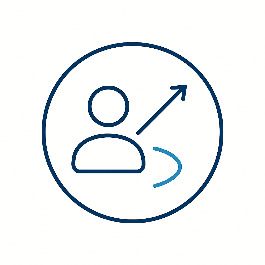 Icon of a person with an upward arrow and a circular arrow, representing user growth or interaction.