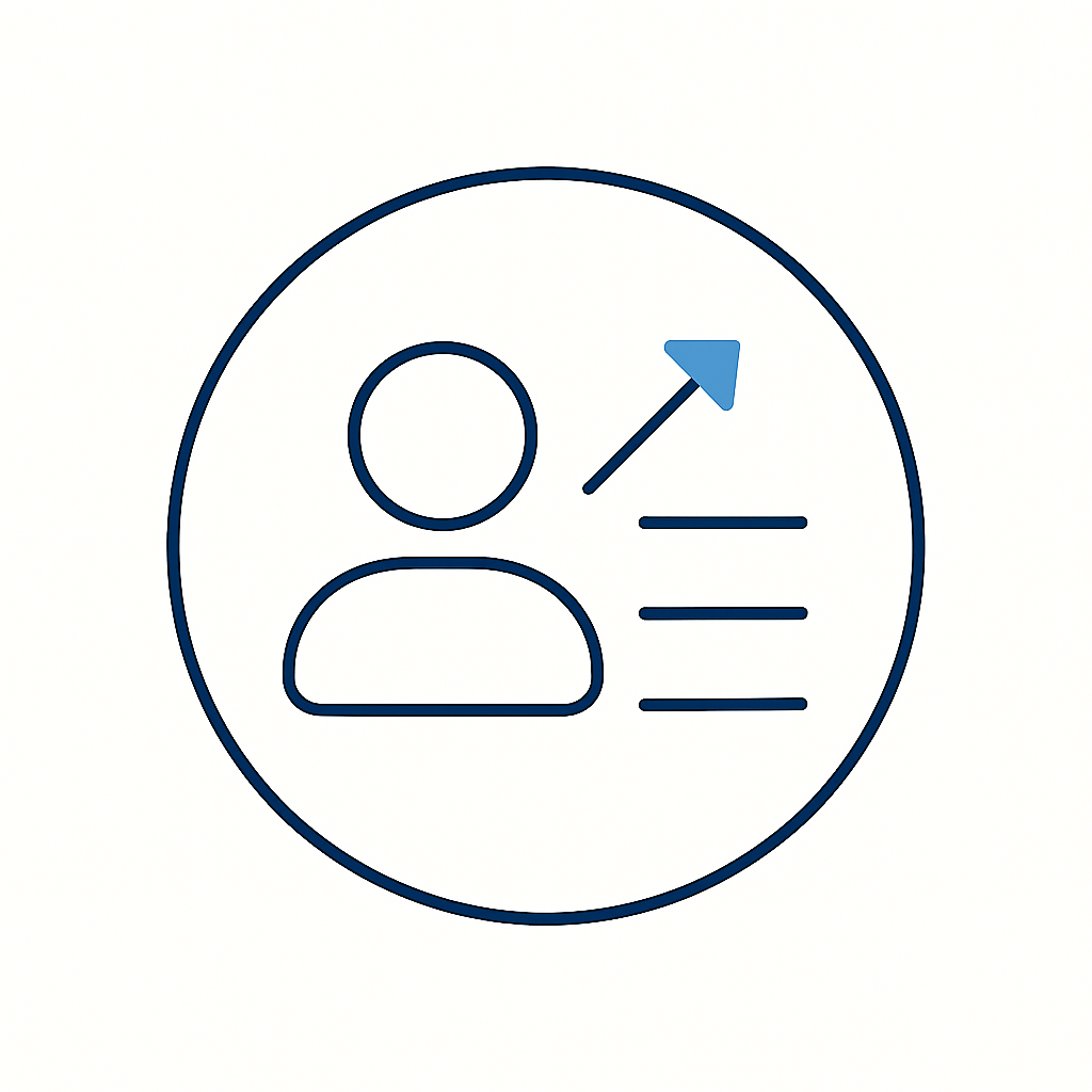 Line drawing of a user profile icon with an arrow pointing upward and three lines representing information.