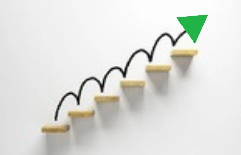 Diagram showing steps of growth or progress with a green arrow pointing upward.