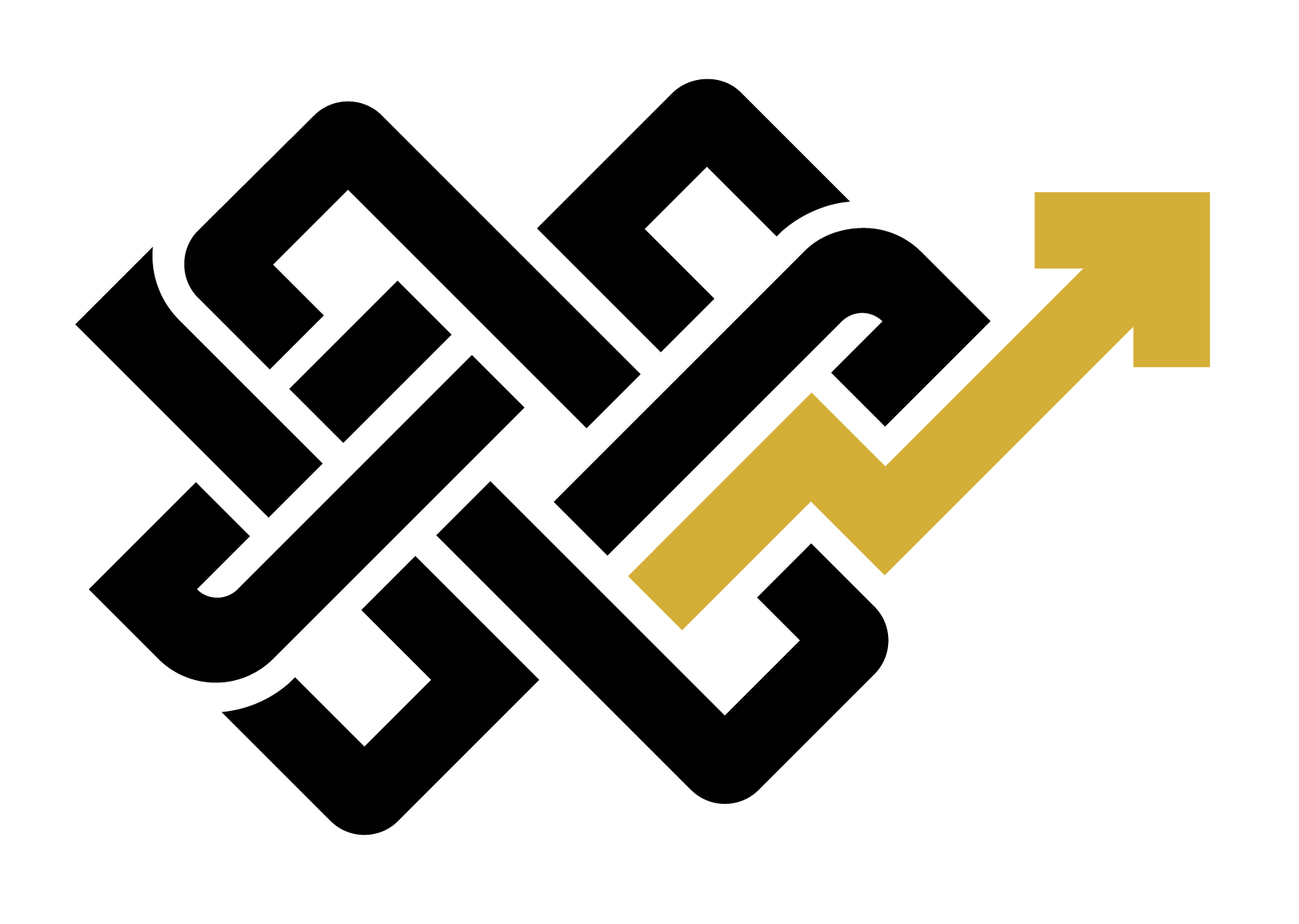 Abstract geometric design with black interwoven shapes and a gold arrow pointing upward.