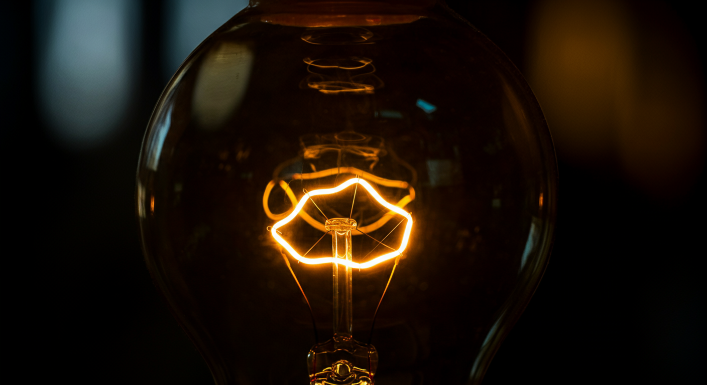 Close-up of an illuminated vintage Edison-style light bulb with a glowing filament inside.