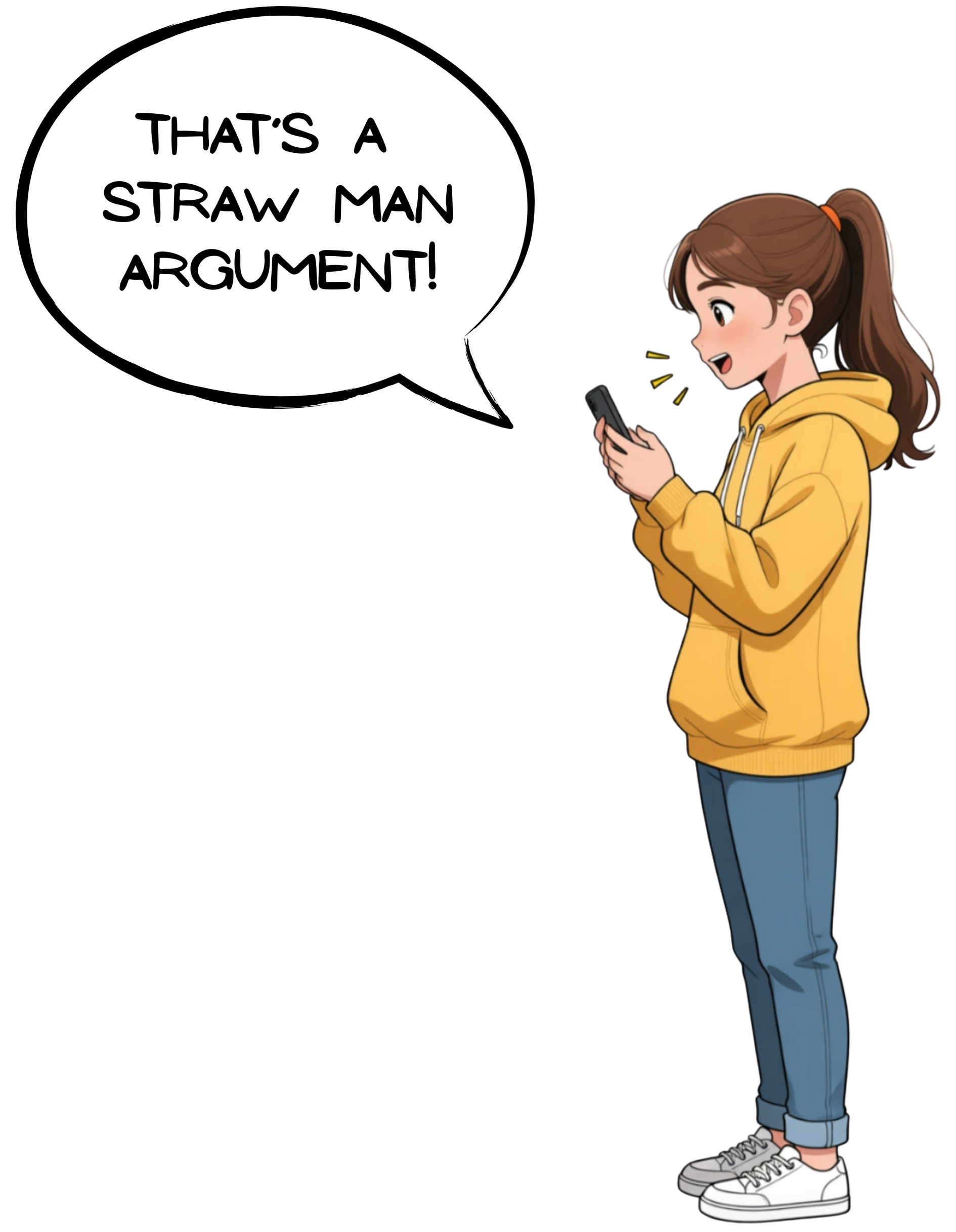 Graphic novel girl observing straw man logical fallacy on social media online