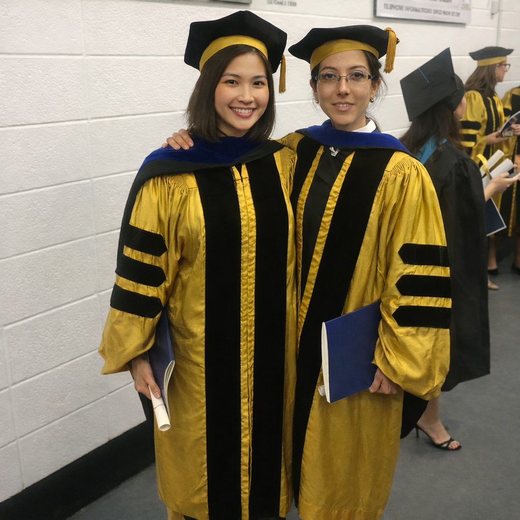 Two women in academic regalia, wearing black caps and yellow gowns with black velvet panels, standing together at a graduation ceremony.