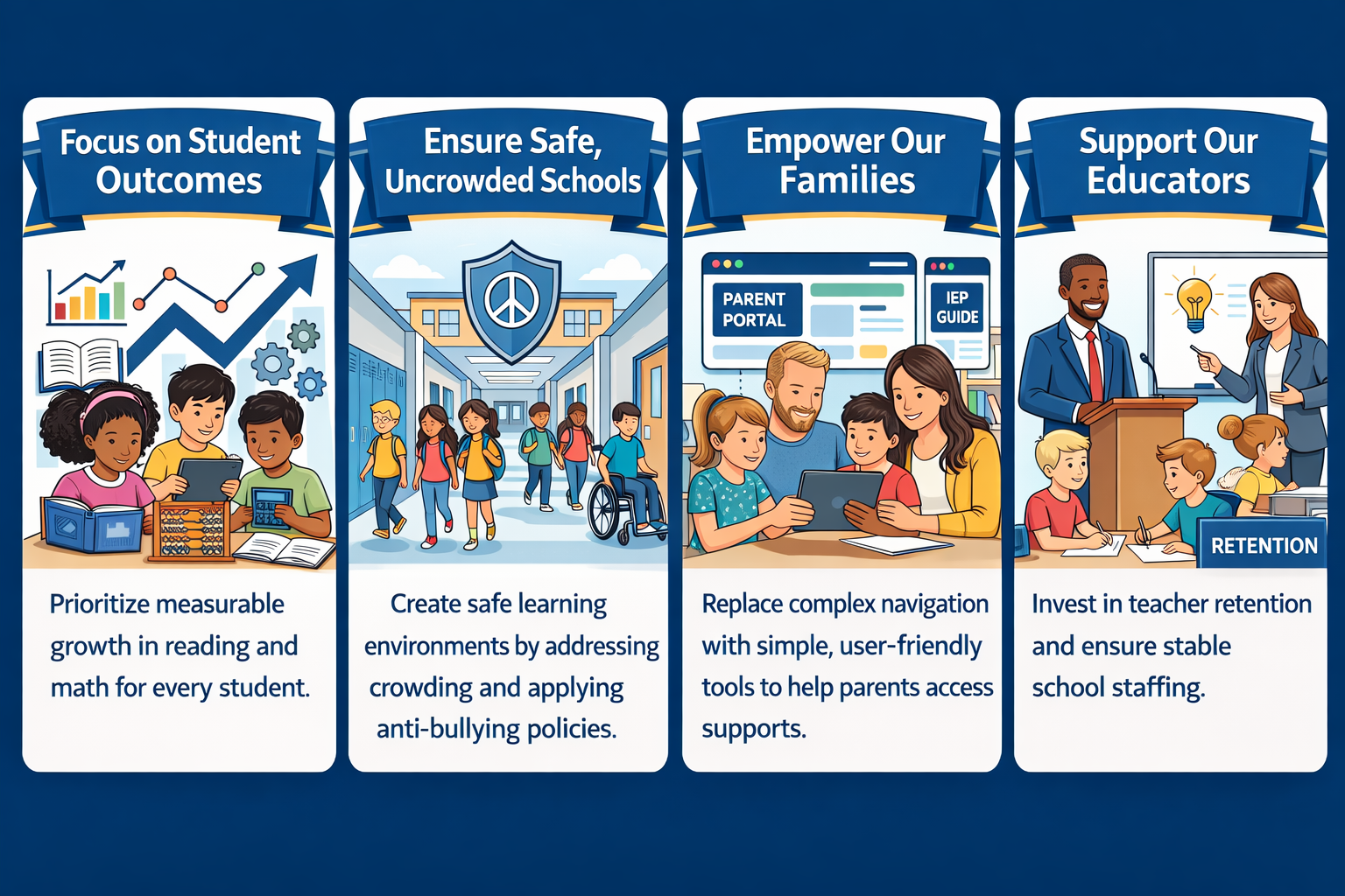 Four sections with icons and text about education: 1) Focus on Student Outcomes with graph and books, emphasizing measurable growth in reading and math; 2) Ensure Safe Uncrowded Schools with students walking in a hallway, promoting environment safety and anti-bullying; 3) Empower Our Families with parents and children using a tablet, replacing complex navigation with simple tools; 4) Support Our Educators with teachers at a desk and students, investing in teacher retention and stable staffing.