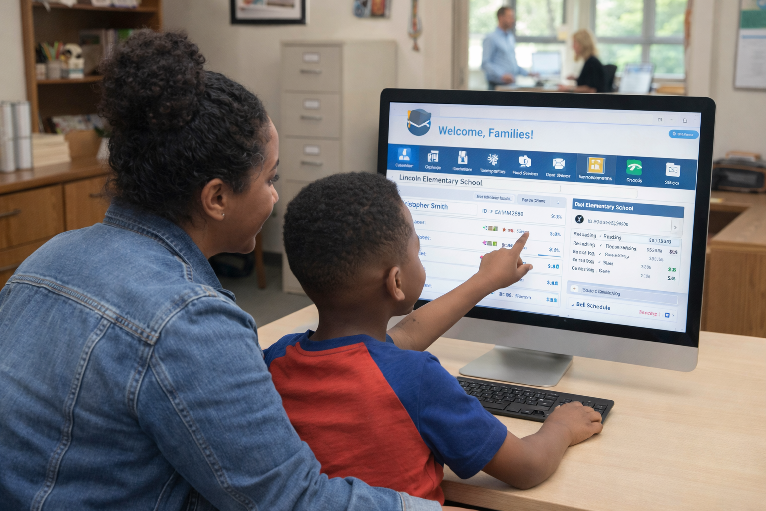A teacher is helping a student with their schoolwork on a computer at a desk in a classroom.