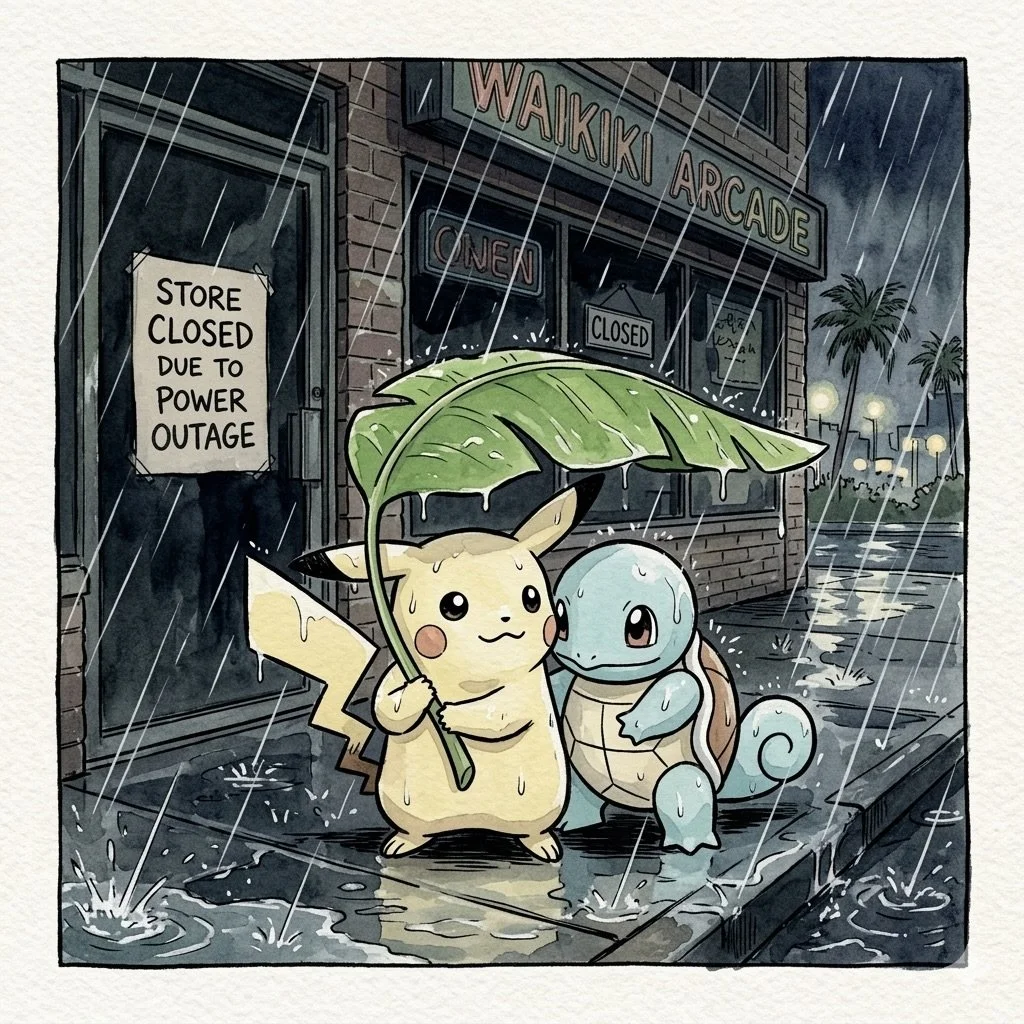 Stay safe and dry out there, Honolulu! 🌧️🛑
Due to the storm currently moving across the state, Waikīkī is experiencing power outages. Because of this, OdysseyVR Hawaii and our Secret TCG Room will be temporarily CLOSED for the day.