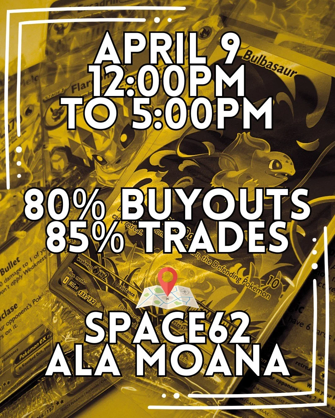 Get your collections ready! 

Tomorrow, April 9, from 12 PM to 5 PM, Space 62 is turning up the heat at our new Ala Moana location. 

We are offering:
💰 80% Cash Buyouts
💳 85% Trade-In Value

Bring in your Pok&eacute;mon and One Piece singles and s