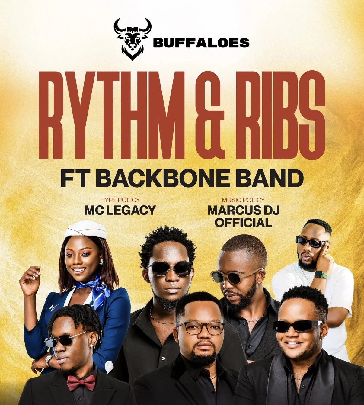 Group of people dressed in stylish clothing, some wearing sunglasses, posing for a promotional poster for Buffaloes Rythm & Ribs featuring a backbone band, with a yellow background and bold red and black text.