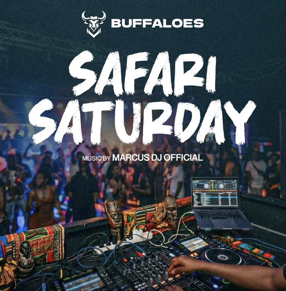 Promotional poster for a music event titled 'Safari Saturday' with a DJ, Marcus DJ Official, and a lively dance party scene in the background.