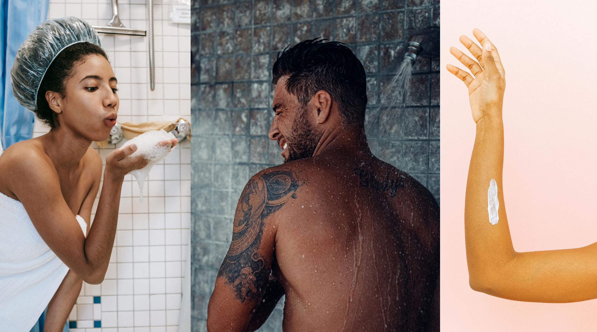 Three images of people taking a shower or bath, including a woman blowing soap bubbles, a man rinsing his back, and a close-up of a arm with soap on the skin.