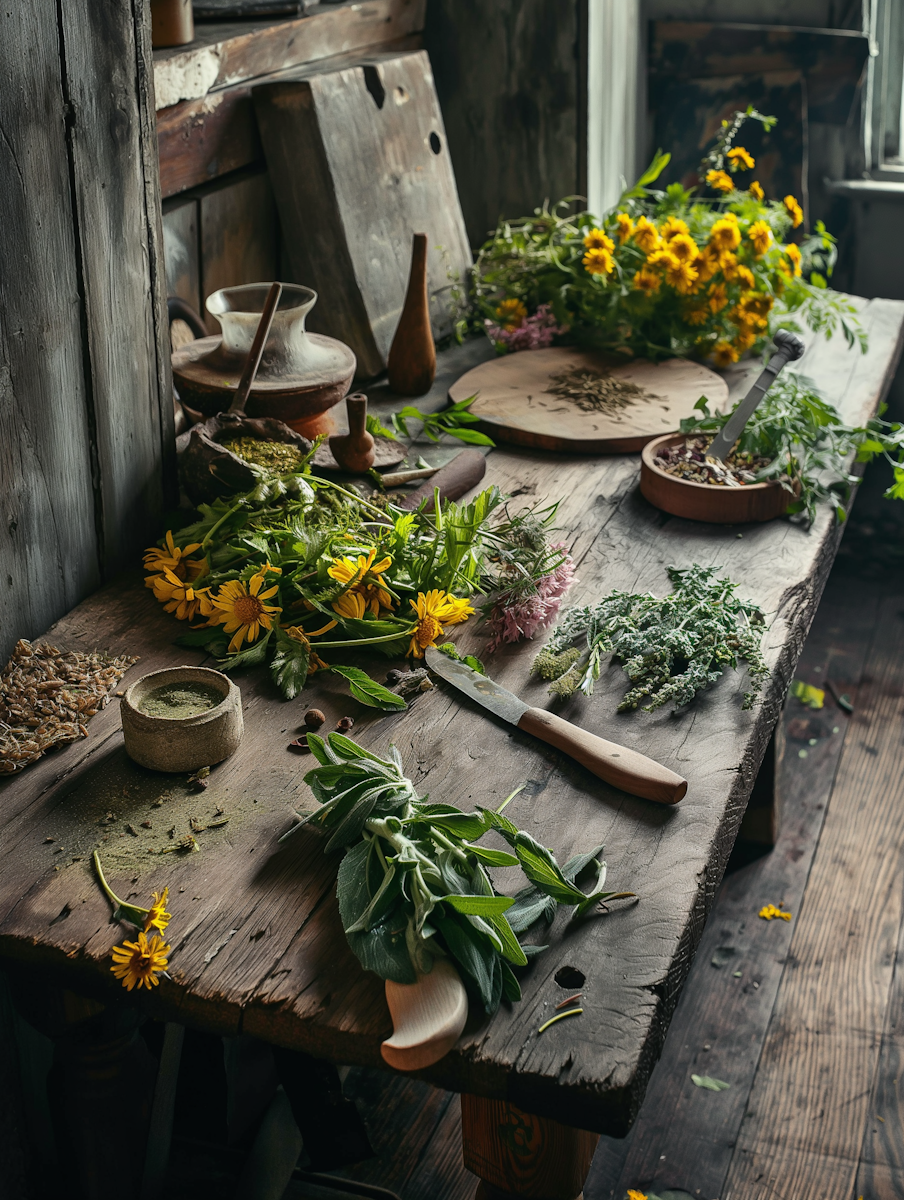 A rustic wooden table with assorted fresh herbs, flowers, and garden tools, set in a cozy, rustic interior.