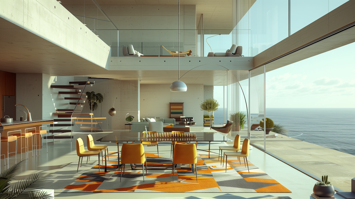 Modern open-concept living space with floor-to-ceiling windows overlooking the ocean, featuring a dining area with yellow chairs and a patterned rug, a kitchen with a breakfast bar, a staircase, and a lounging area with sofas and plants.