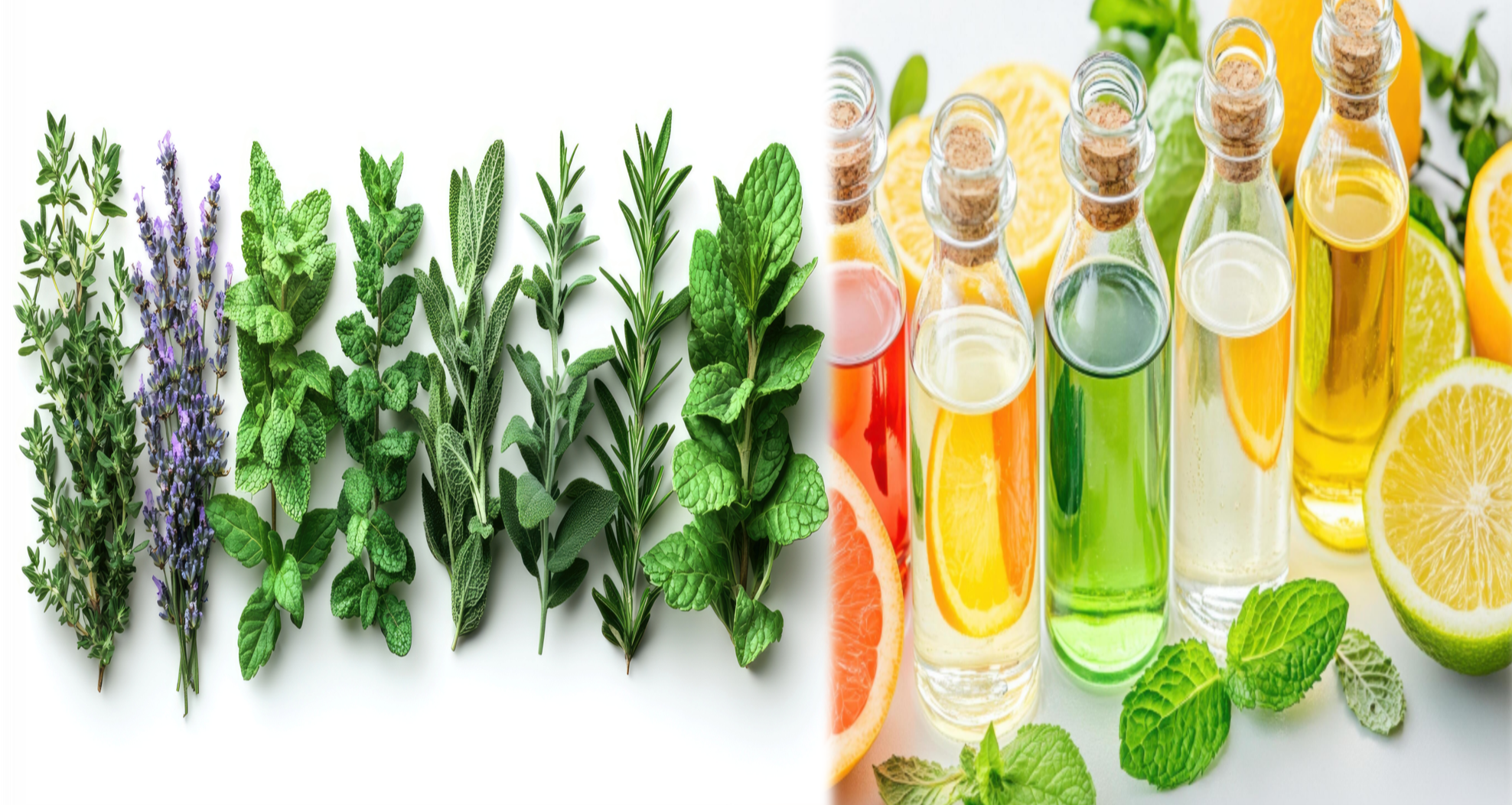 A variety of fresh herbs including thyme, lavender, mint, sage, rosemary, and basil, alongside bottles of flavored oils and citrus fruits with mint leaves.