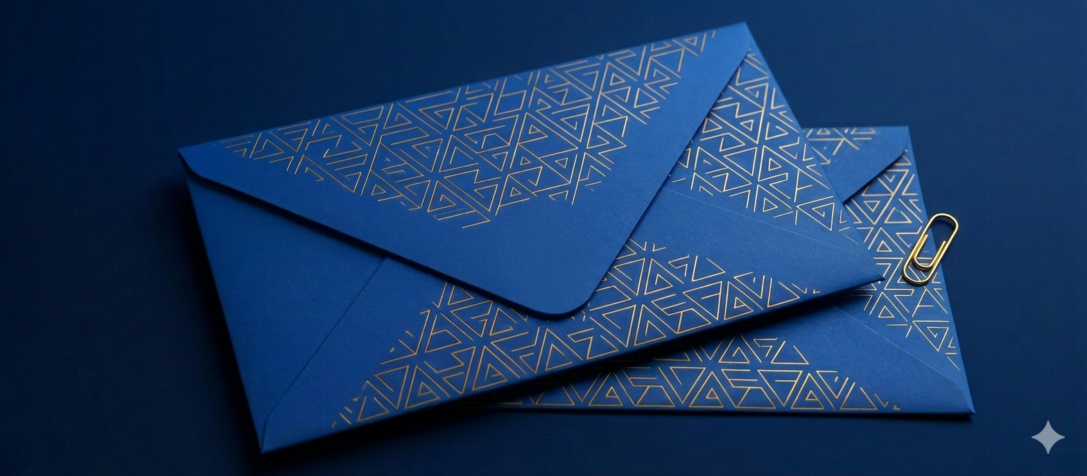 Three blue envelopes with gold geometric patterns on a blue background, with a gold paperclip attached to one envelope.