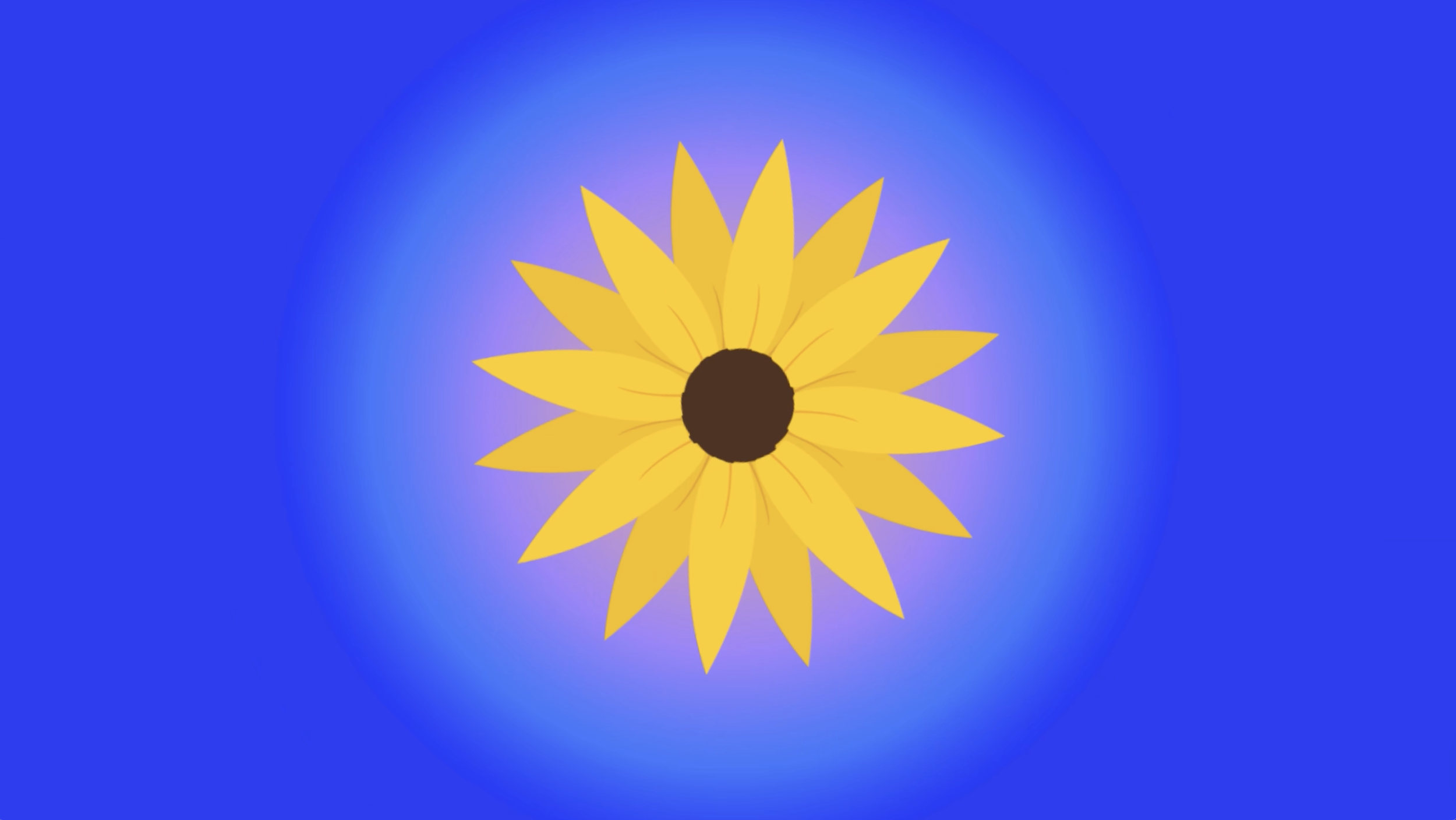 A digital illustration of a sunflower with yellow petals and a dark brown center on a blue background with a soft purple glow around the flower.