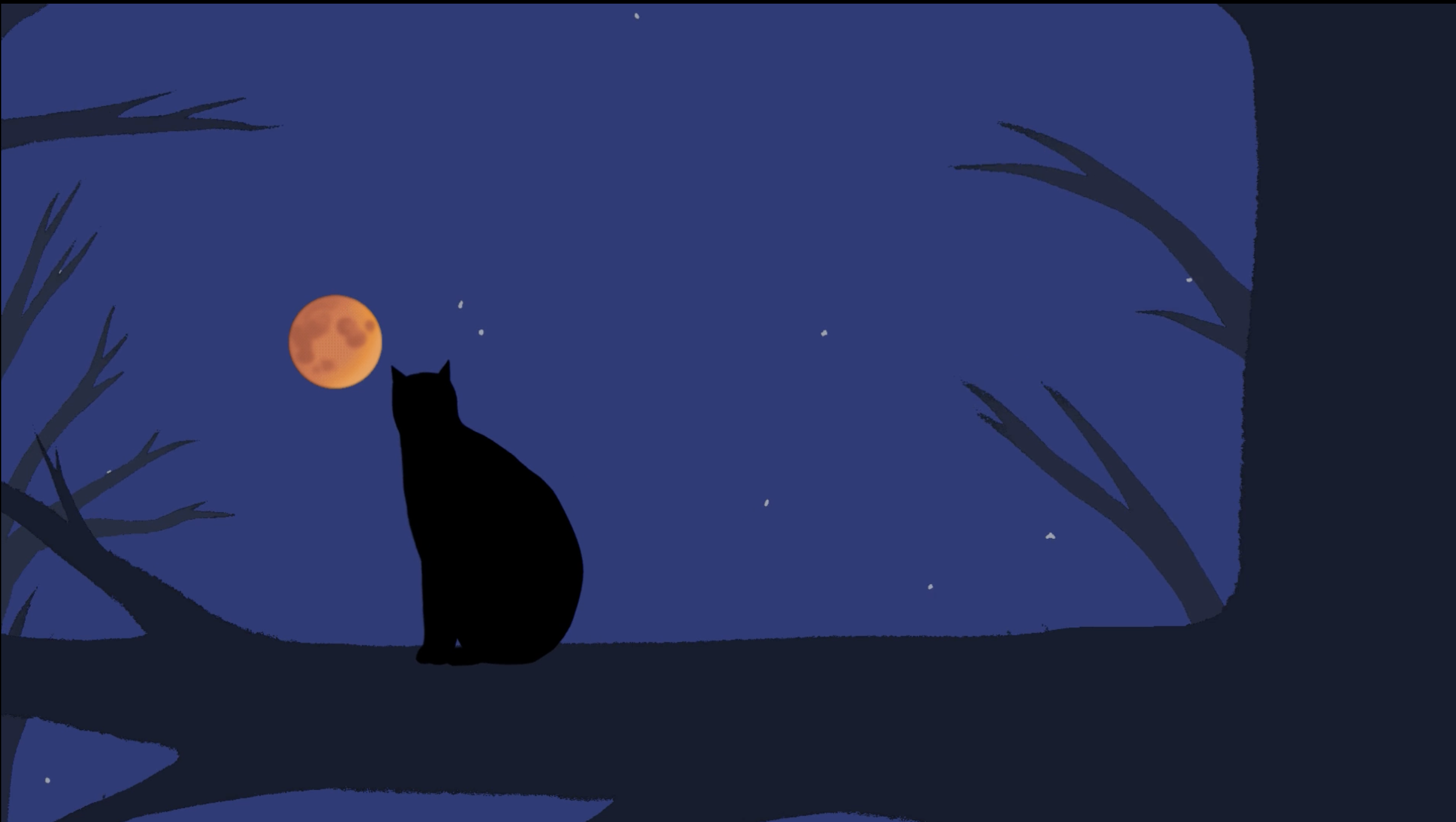 Silhouette of a black cat sitting on the ground at night with a red full moon and stars in the dark blue sky, framed by dark tree branches.