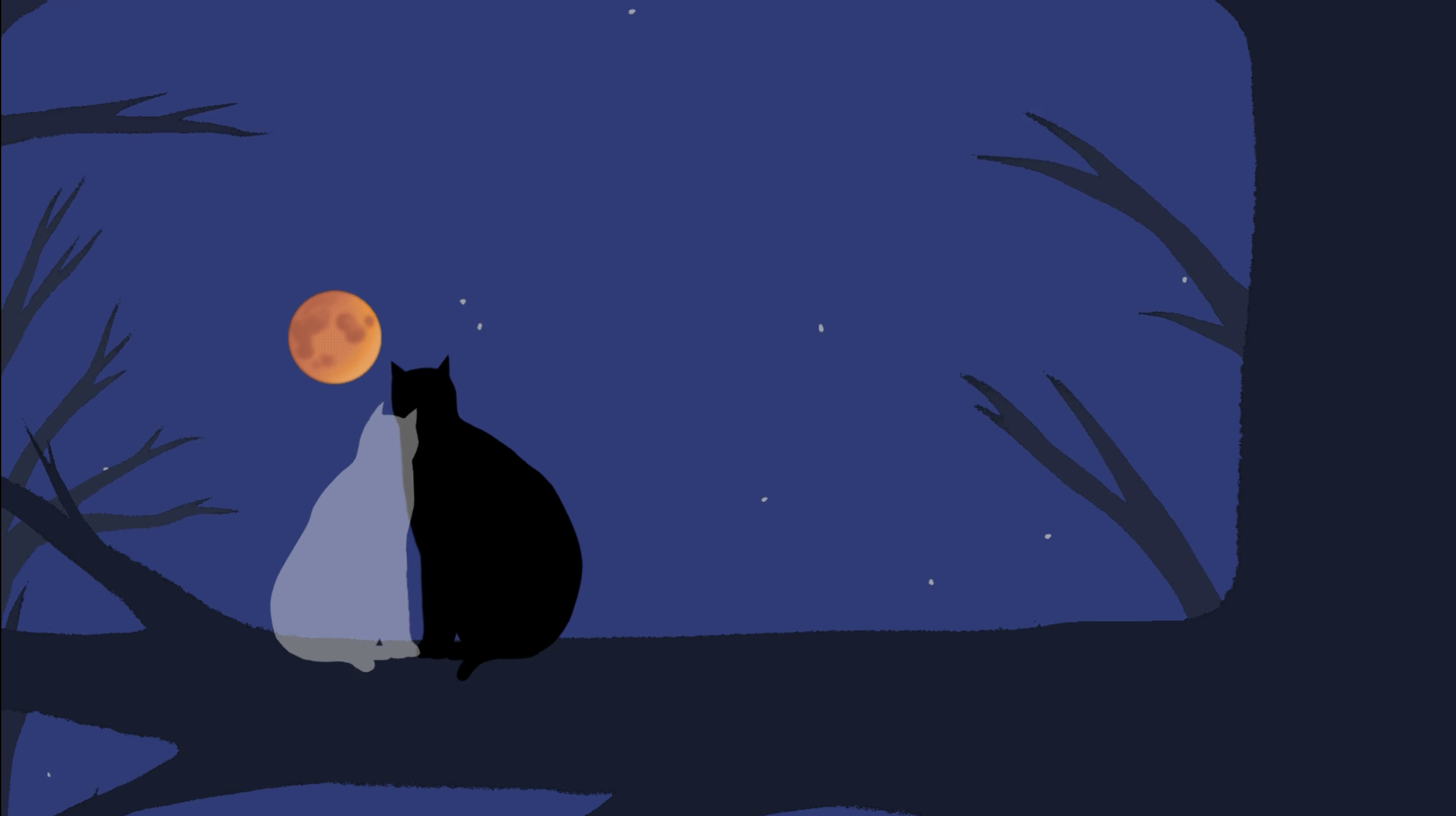 A black cat and a white cat sitting together under a full moon and stars in a dark night scene, with silhouette branches framing the scene.