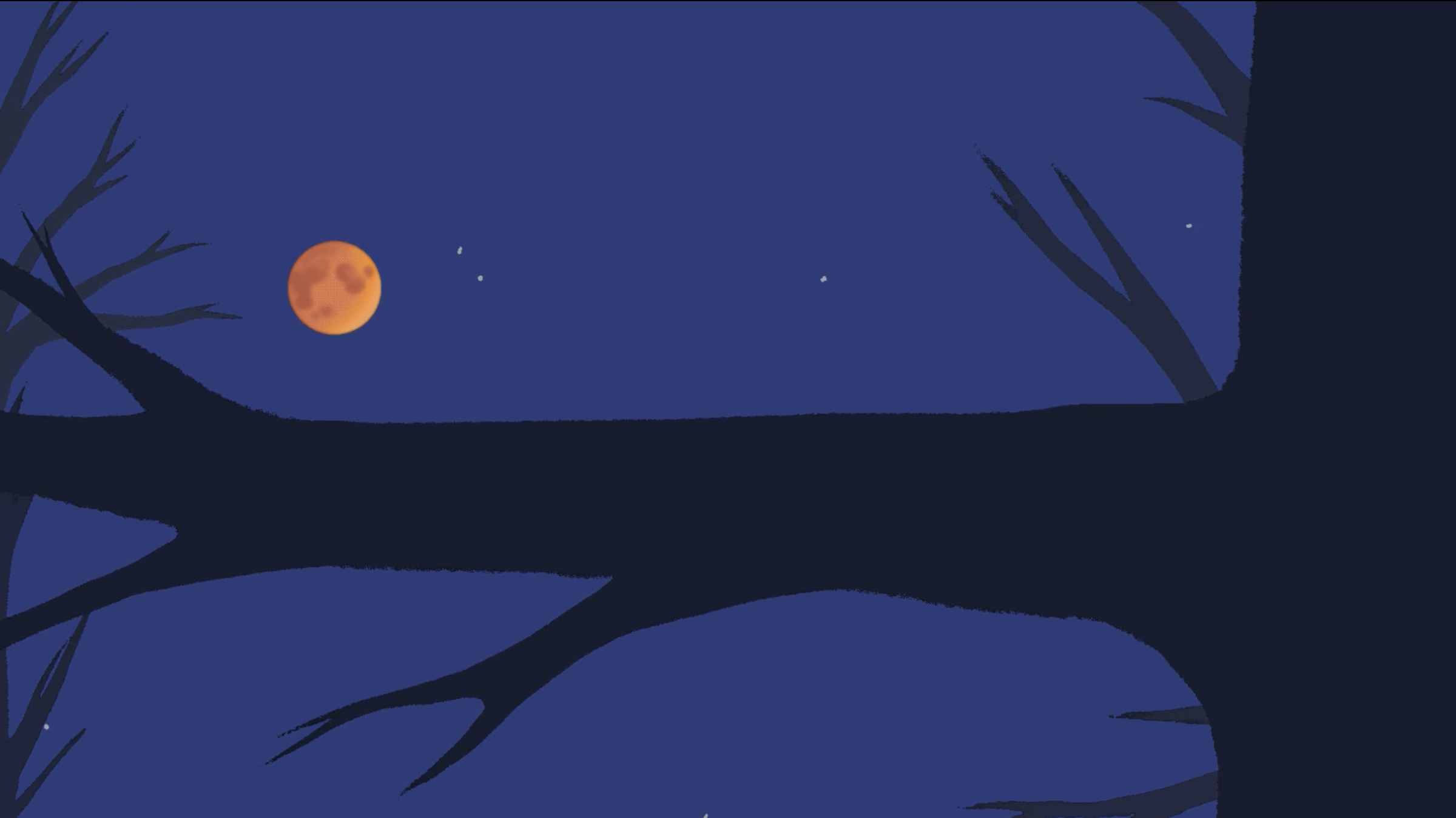 Illustration of a night sky viewed through tree branches, featuring the moon and a couple of stars.