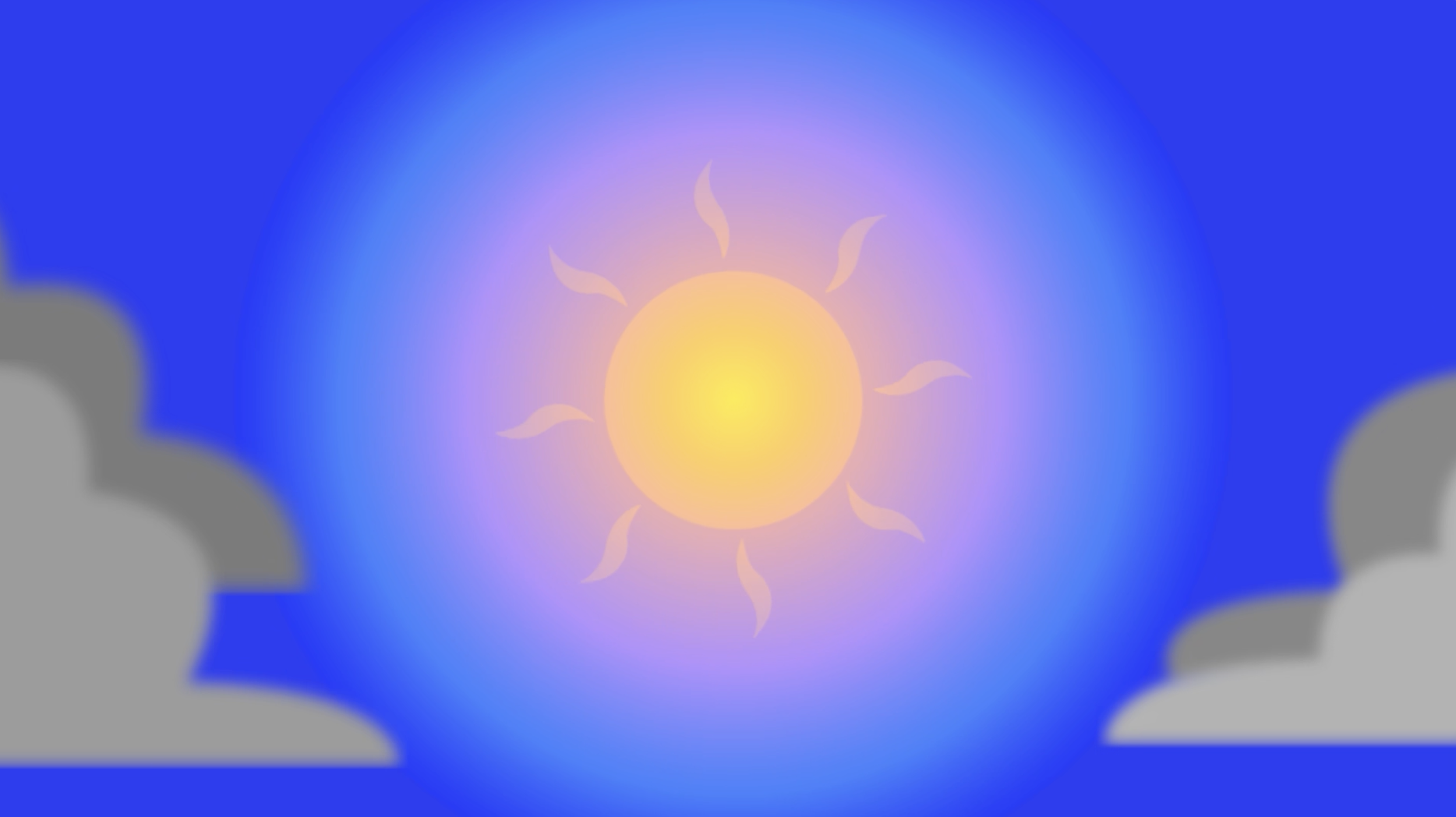 Illustration of the sun with rays in a blue sky, partially obscured by gray clouds.