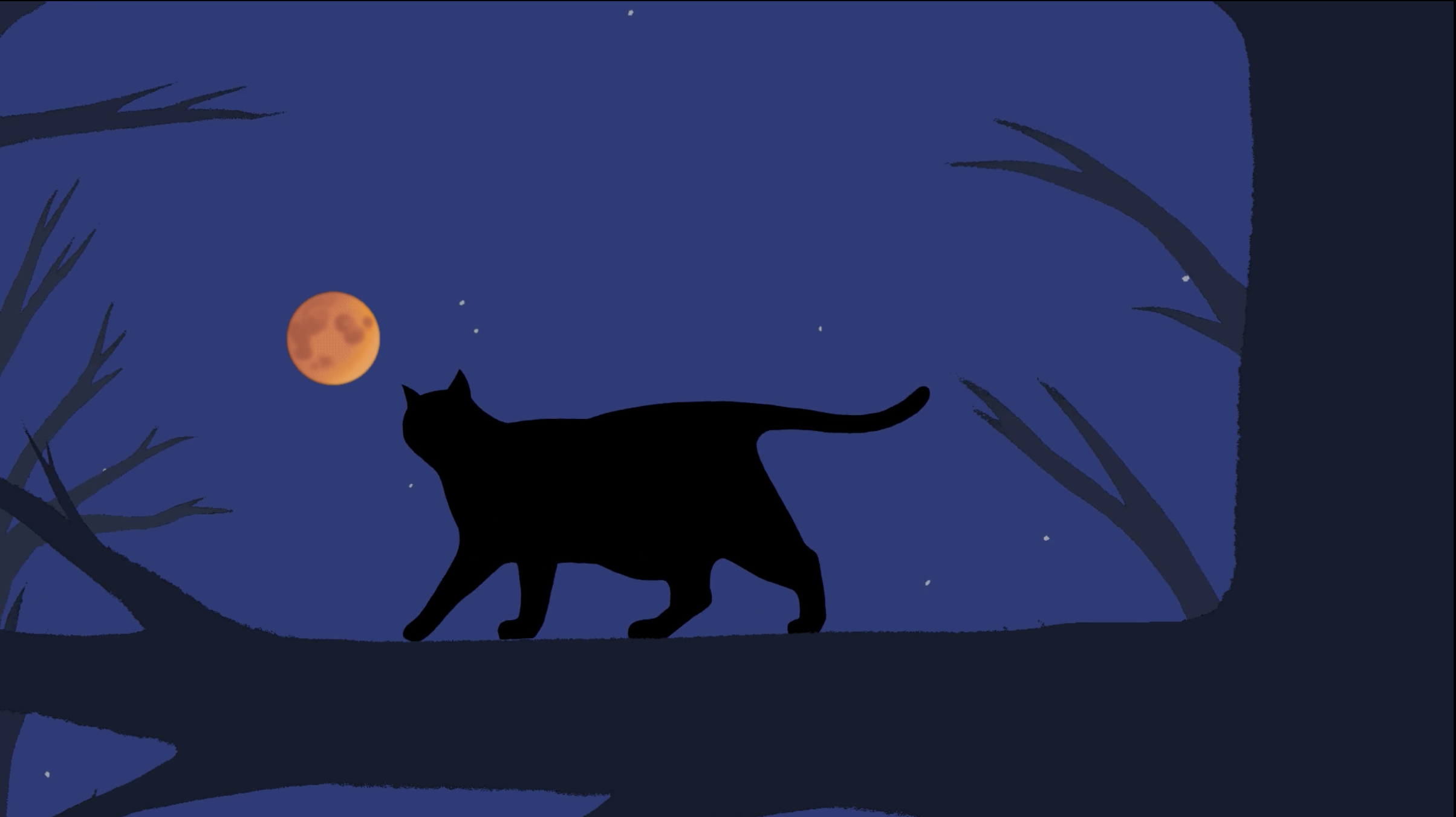 Silhouette of a black cat walking on a branch at night with a full moon, stars, and trees in the background.