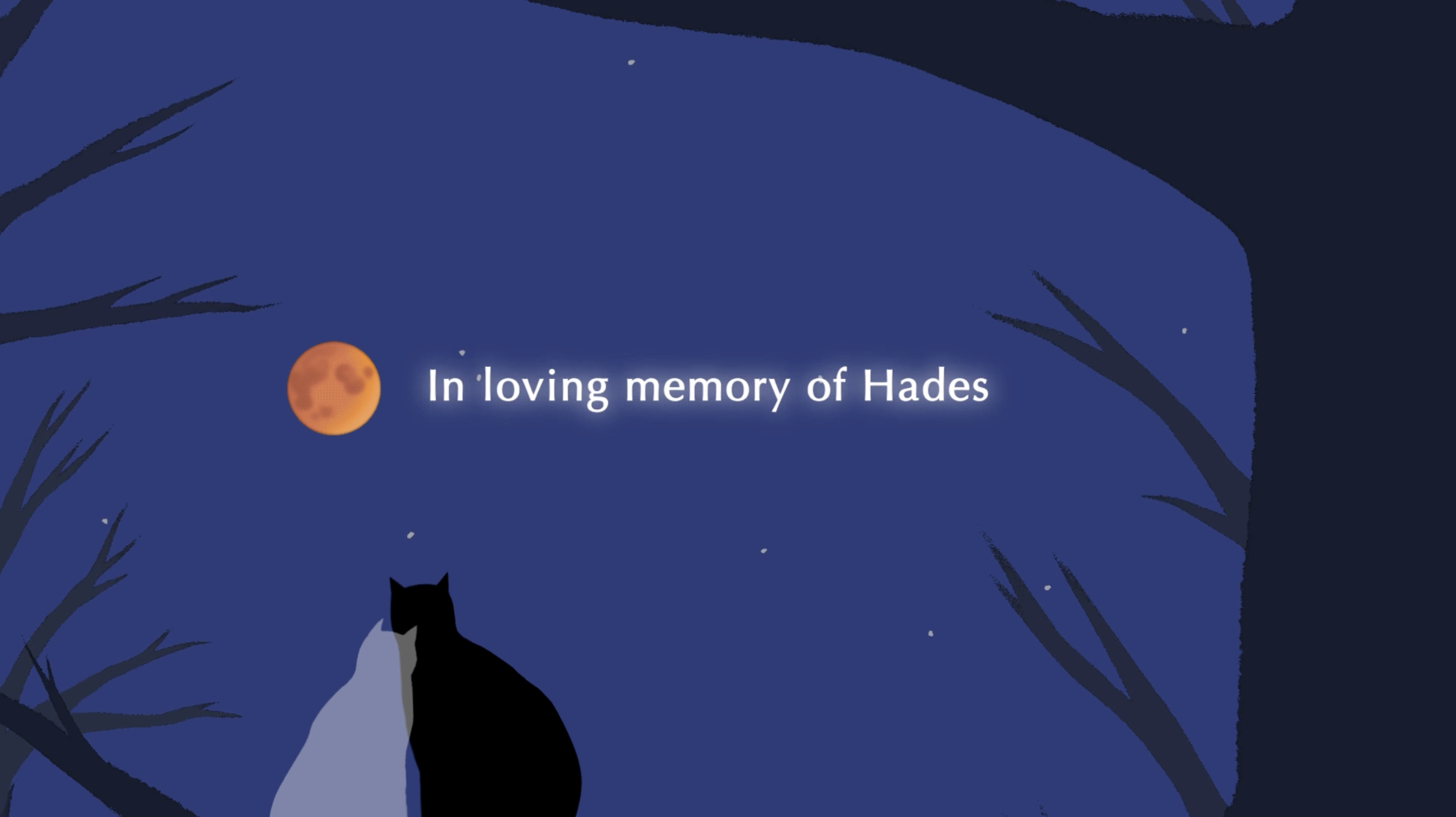 Night scene with a blue sky, stars, a red moon, two cats sitting under bare tree branches, and text that says "In loving memory of Hades."