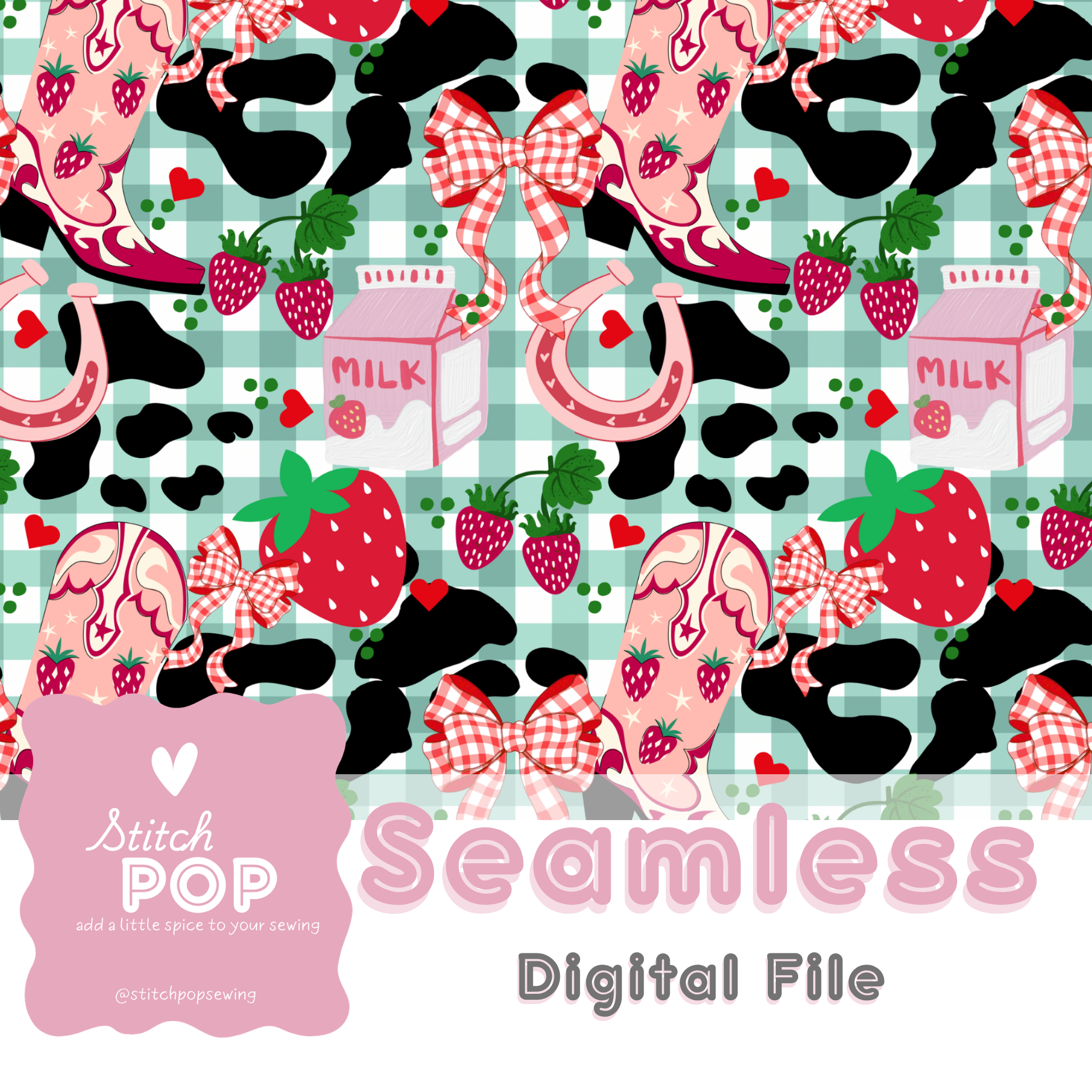 Strawberry Cowgirl Green Gingham - Seamless File