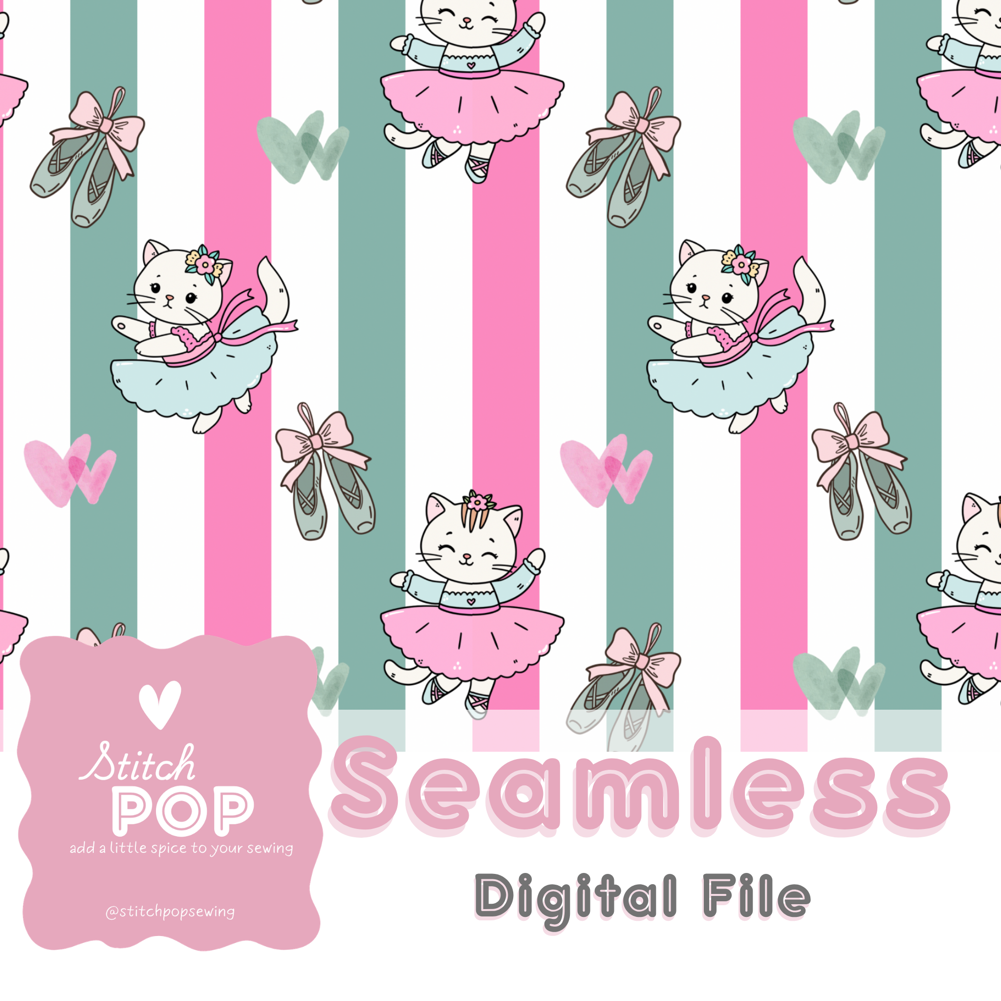 Kitty Ballerinas on Pink & Mint Stripes - Seamless File