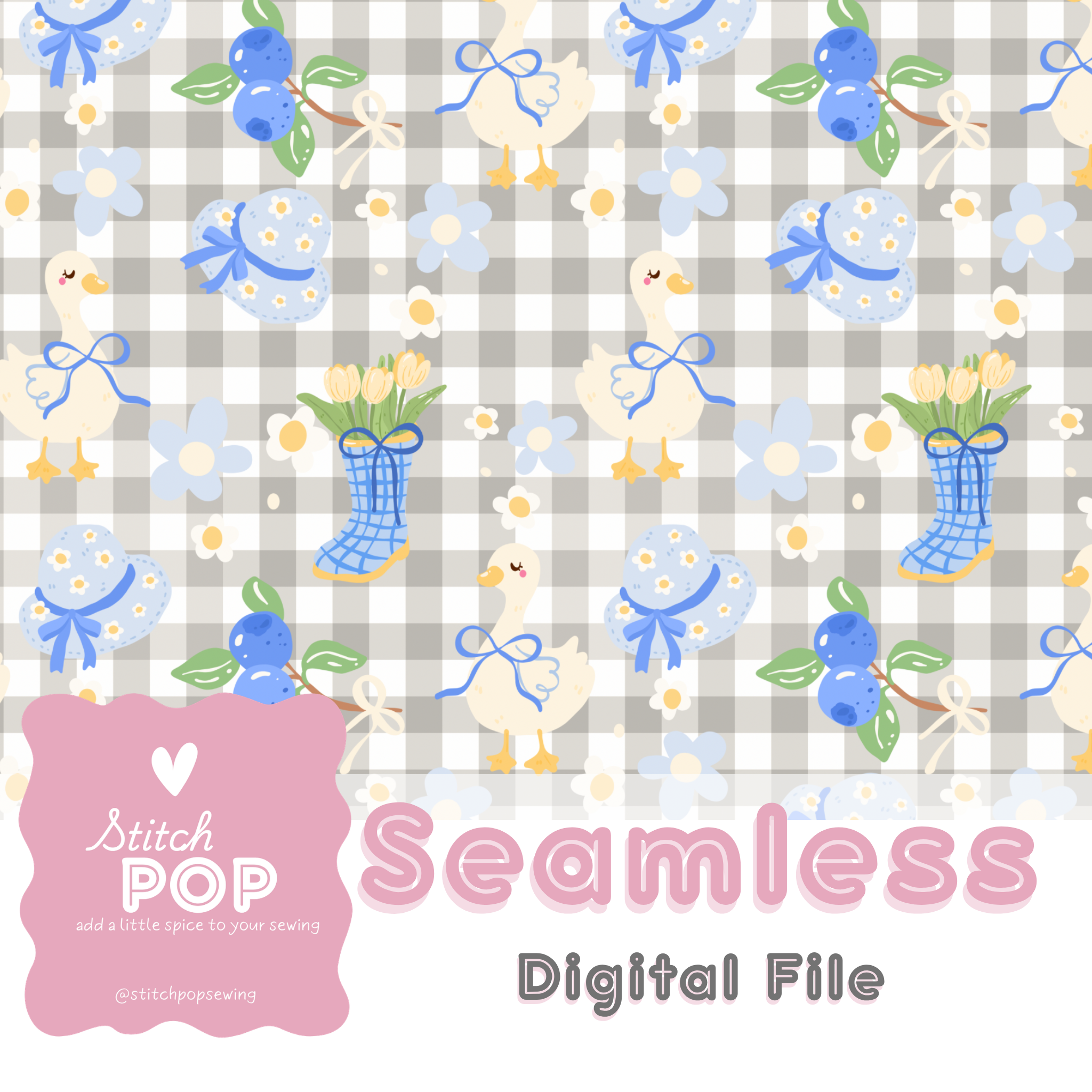 Spring Geese Gray Gingham - Seamless File