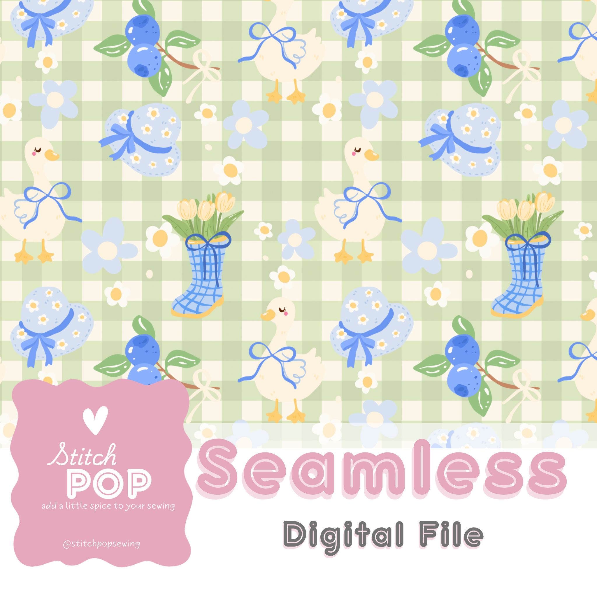 Spring Geese Sage Gingham - Seamless File