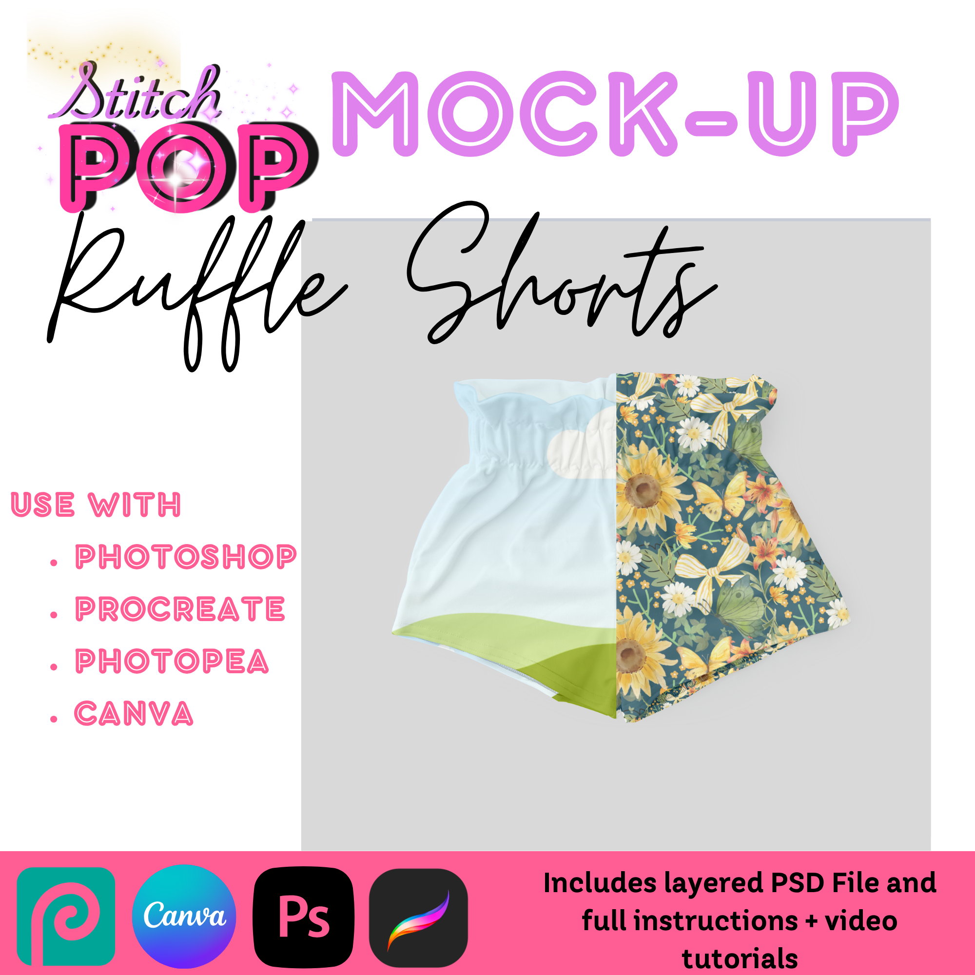 RSD PAPERBAG RUFFLE SHORTS CANVA, PS, Procreate - Mockup