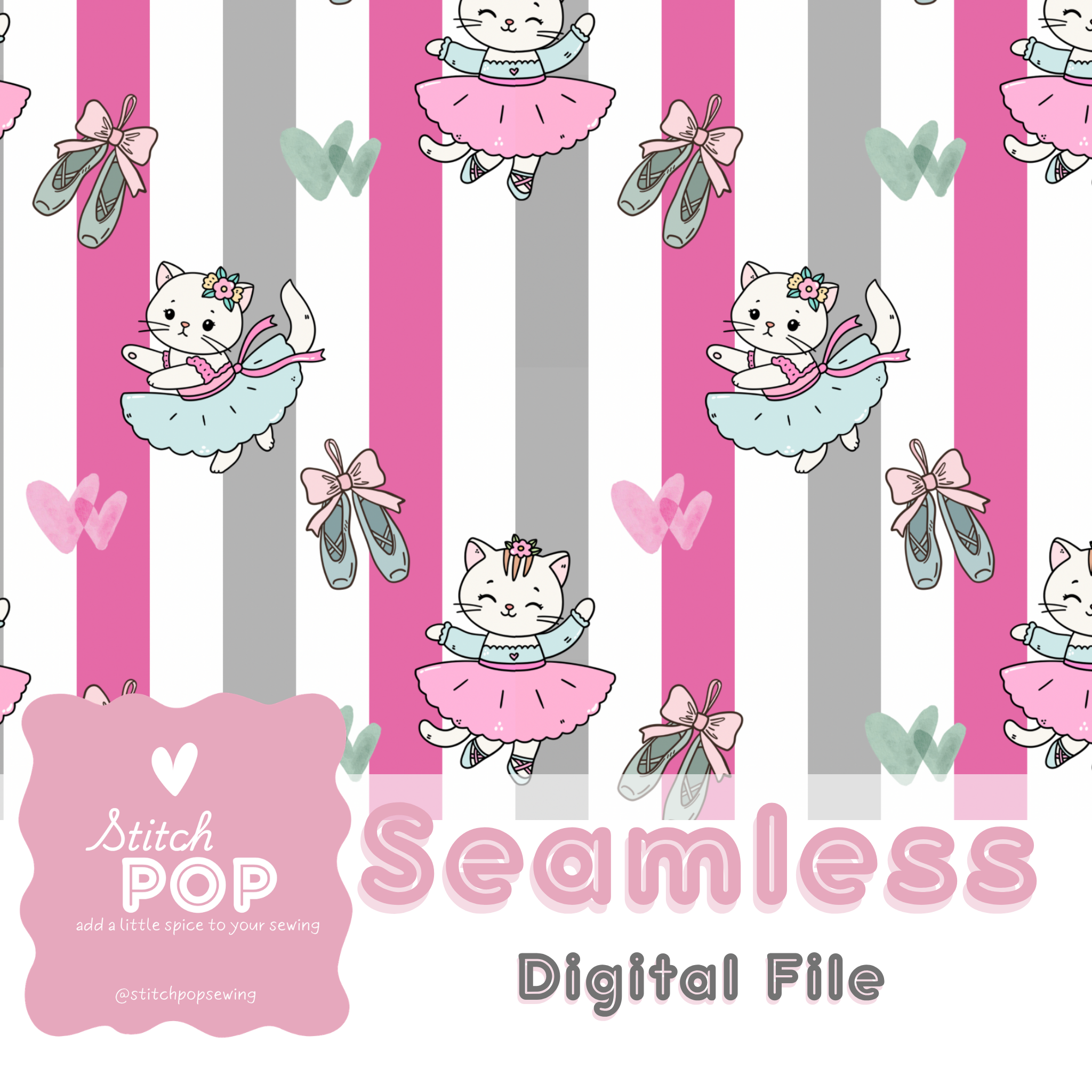 Kitty Ballerinas on Pink & Gray Stripes - Seamless File