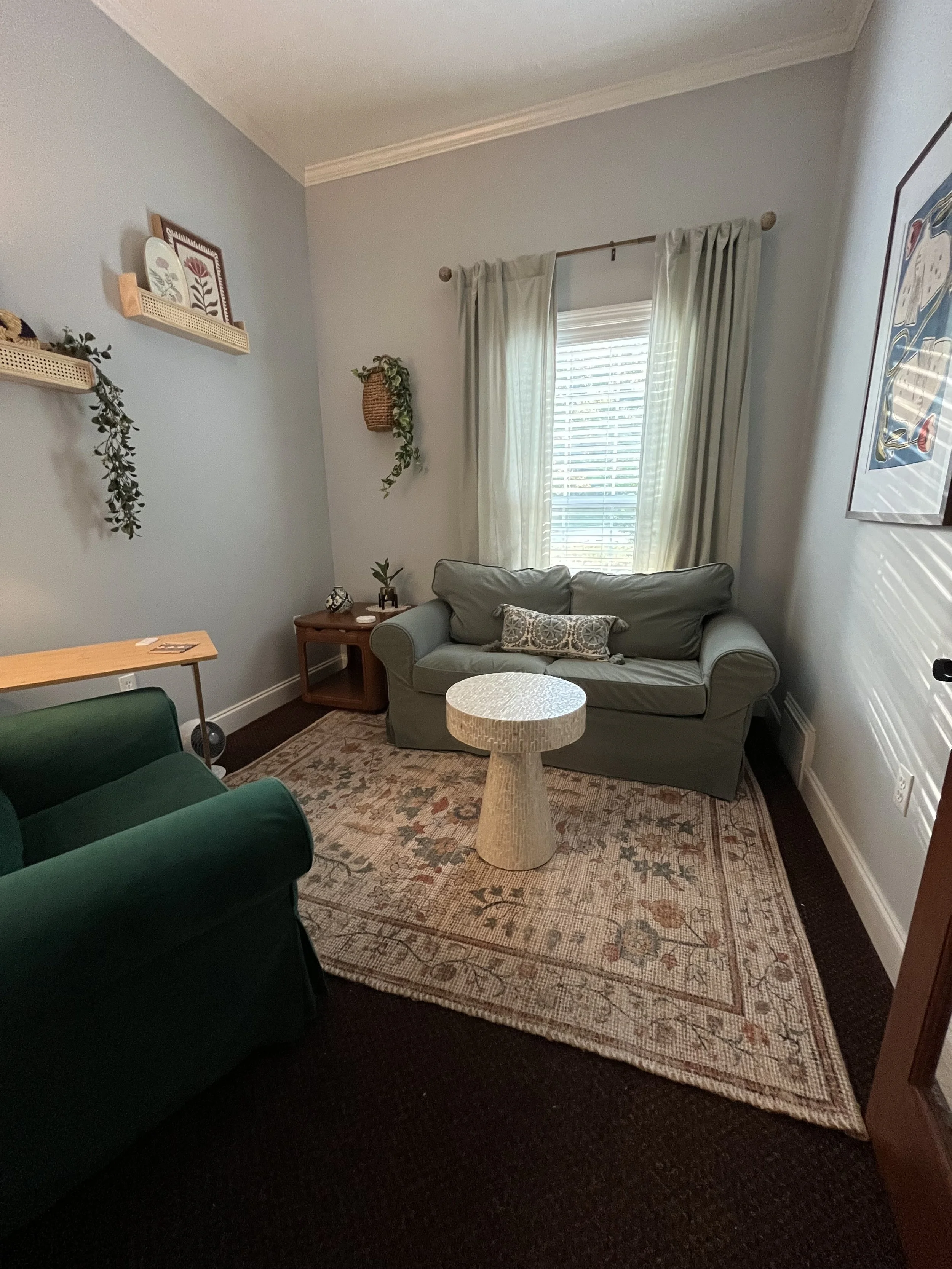 Interior of Bailey Hooper's therapy office at Carter Collaborative Counseling—a trauma-informed environment for clients in the Olive Branch and DeSoto County area.